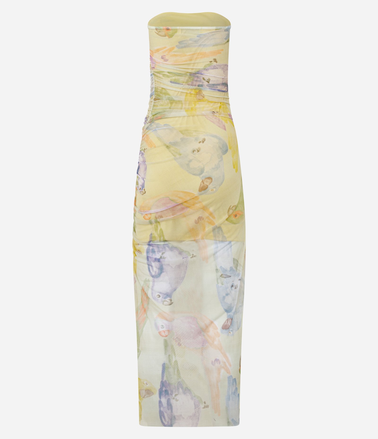 Vestido Midi em Tule com Estampa Araras Abstrata e Efeito Drapeado Amarelo 4
