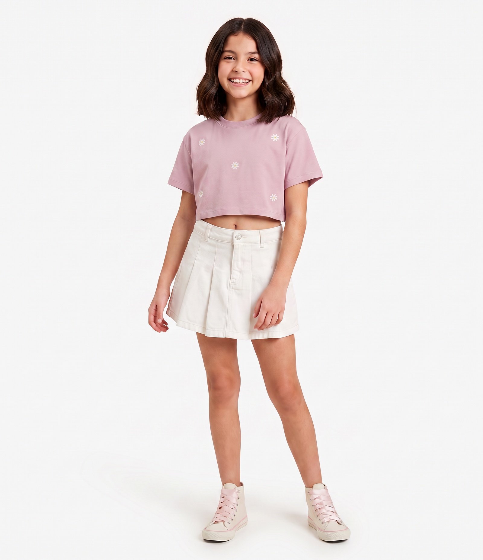 Short Saia Jeans com Pregas Frontais Infantil - Tam 5 a 16 Anos Bege 1