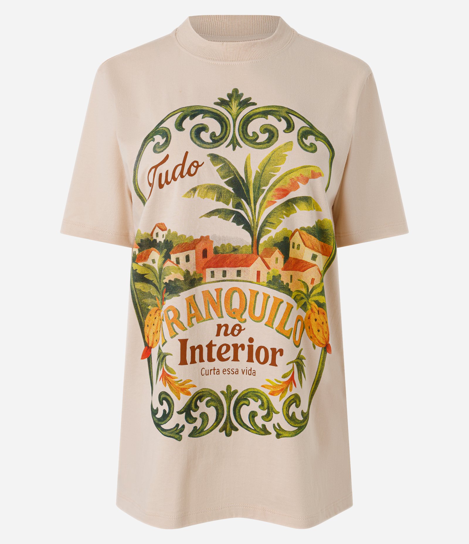Camiseta em Algodão com Estampa Tranquilo no Interior Bege 5