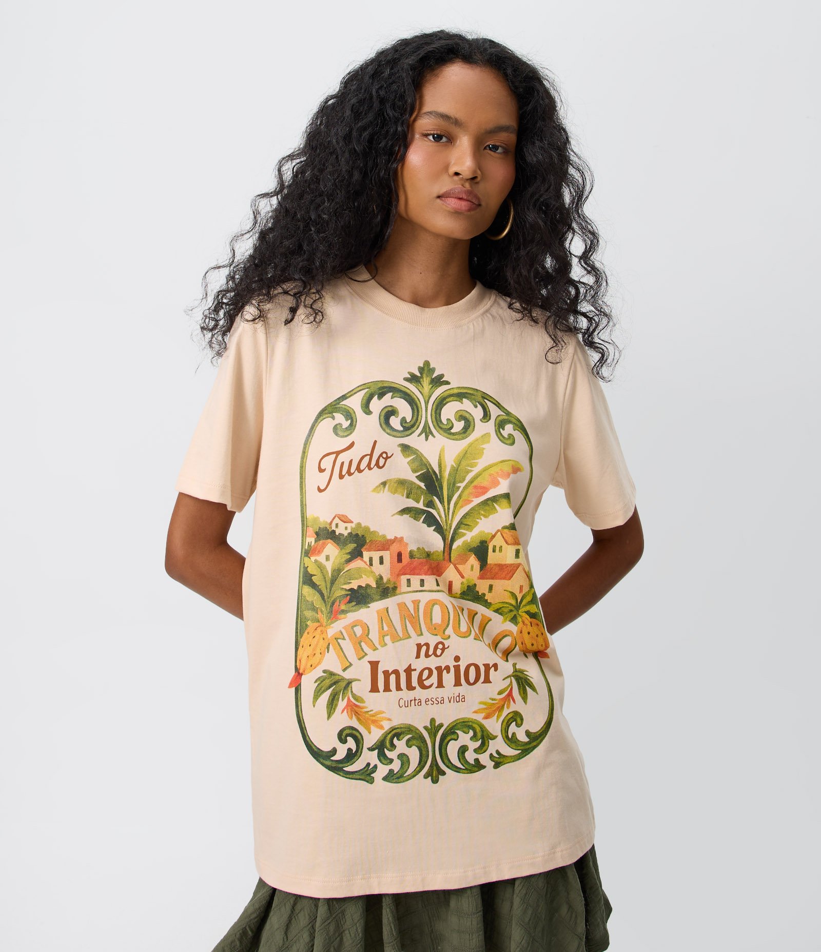 Camiseta em Algodão com Estampa Tranquilo no Interior Bege 1