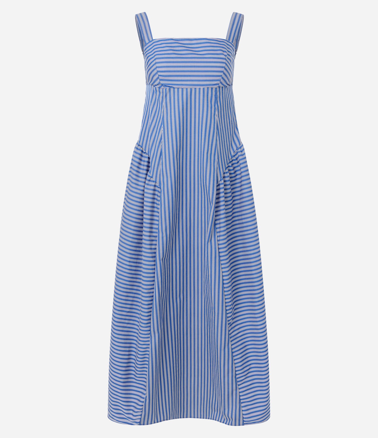 Vestido Midi Evasê Listrado em Tricoline com Decote Quadrado Azul 5