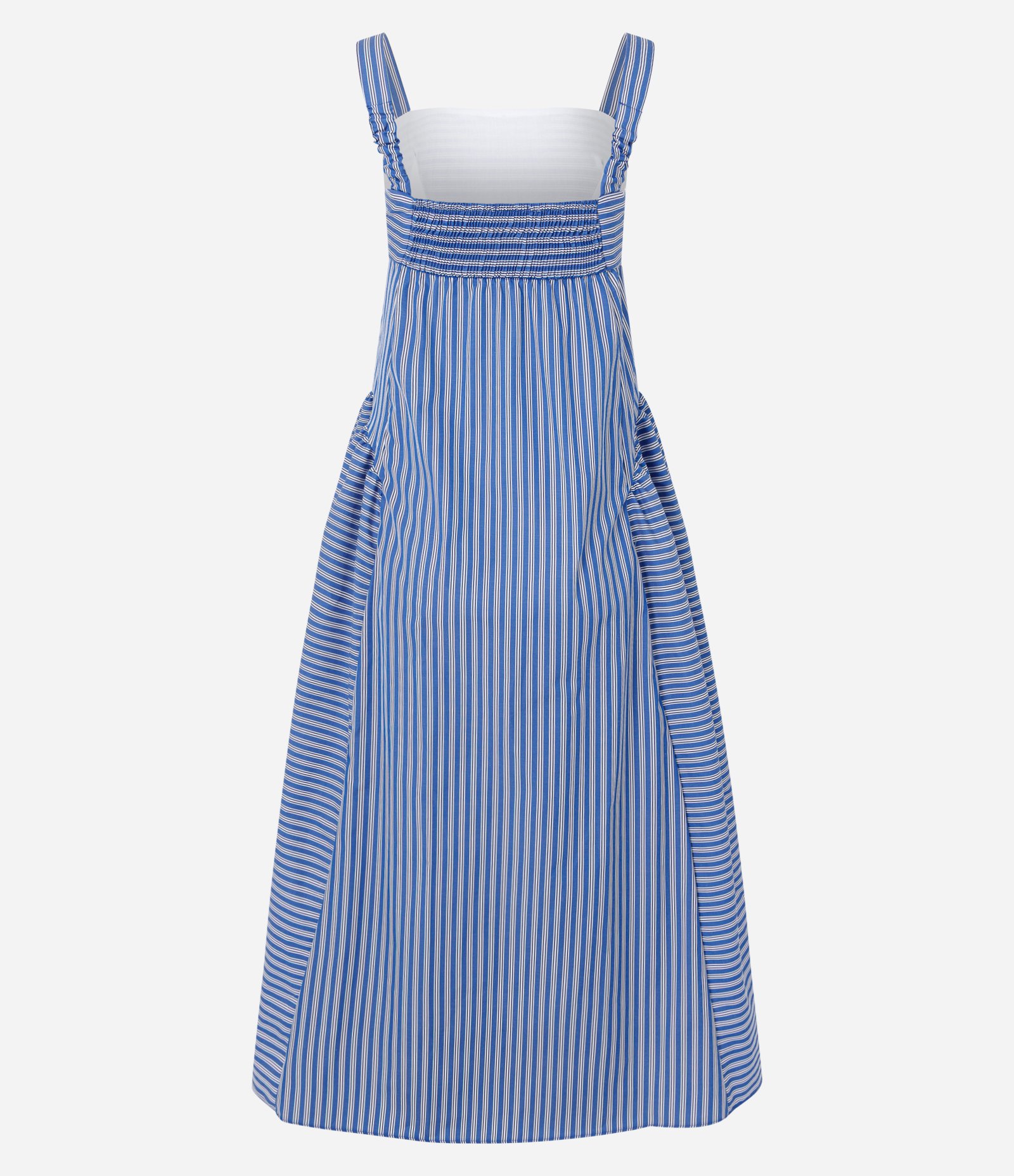 Vestido Midi Evasê Listrado em Tricoline com Decote Quadrado Azul 6