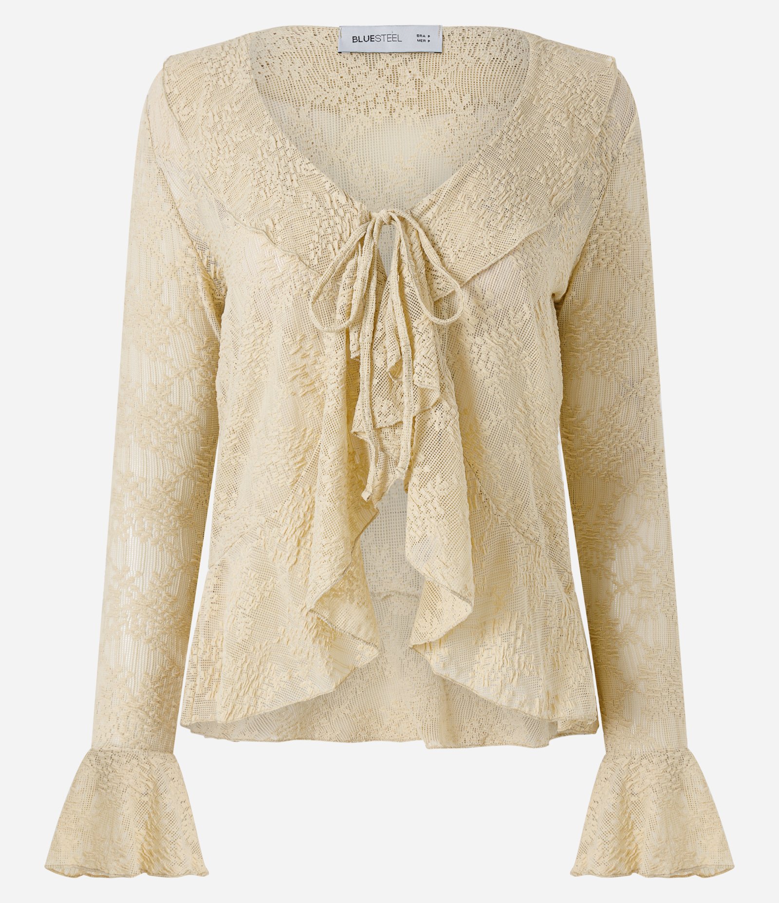 Blusa em Renda com Babados e Amarração Frontal Bege 5