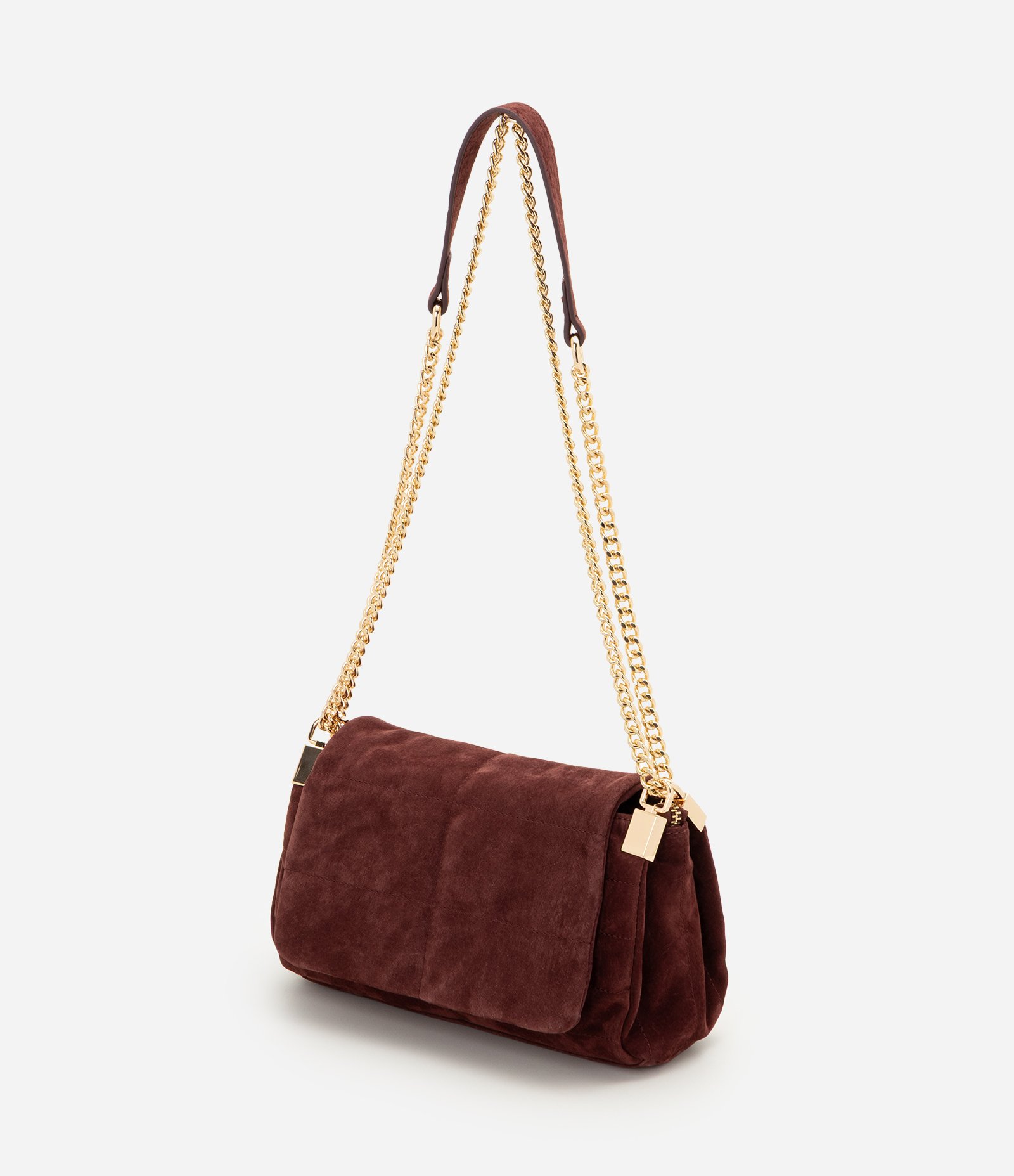 Bolsa Shoulder Pequena em Couro com Tampa e Alça de Corrente Vinho 5