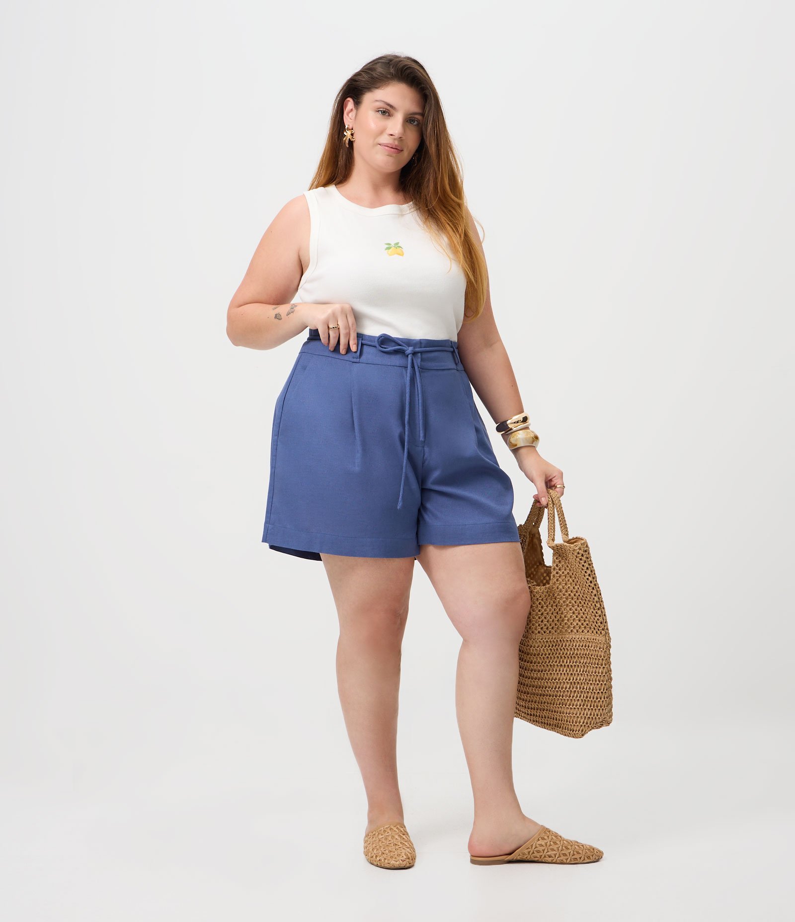Short Alfaiatado em Viscolinho com Cinto Encapado Curve & Plus Size Azul 2