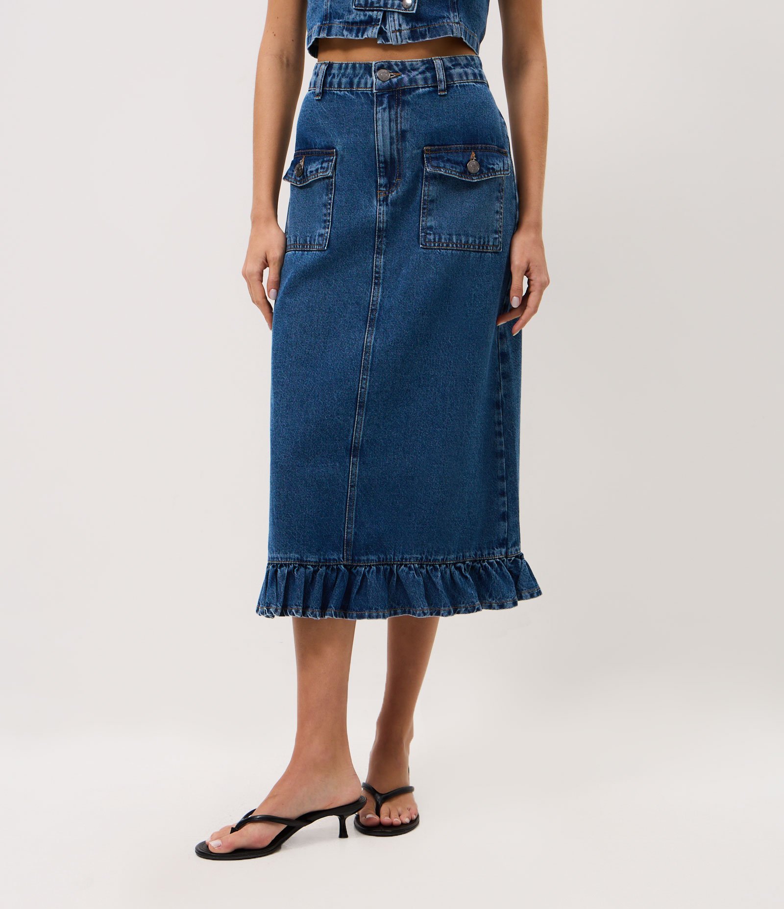 Saia Midi em Jeans com Babado na Barra Azul 2