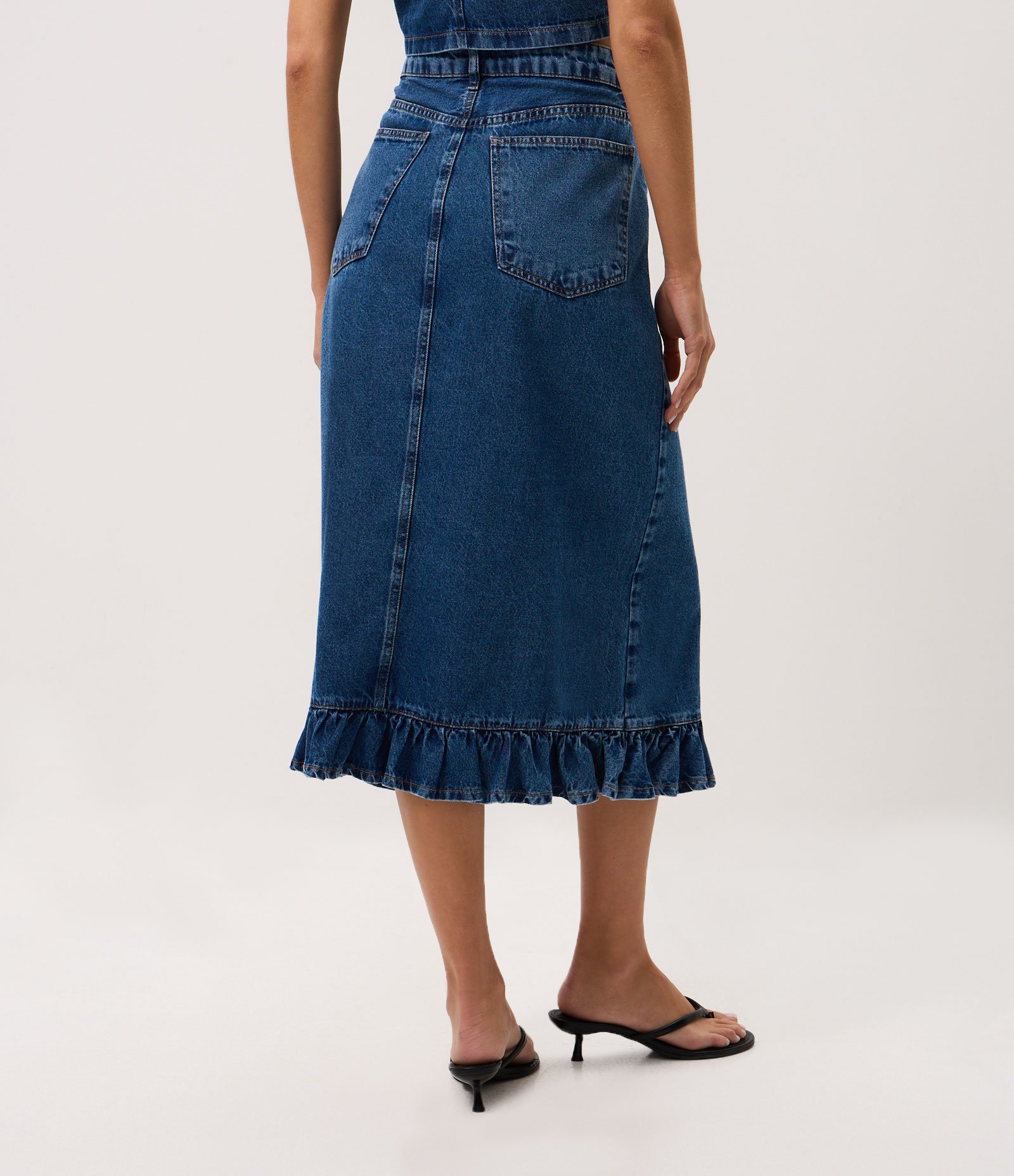 Saia Midi em Jeans com Babado na Barra Azul 5