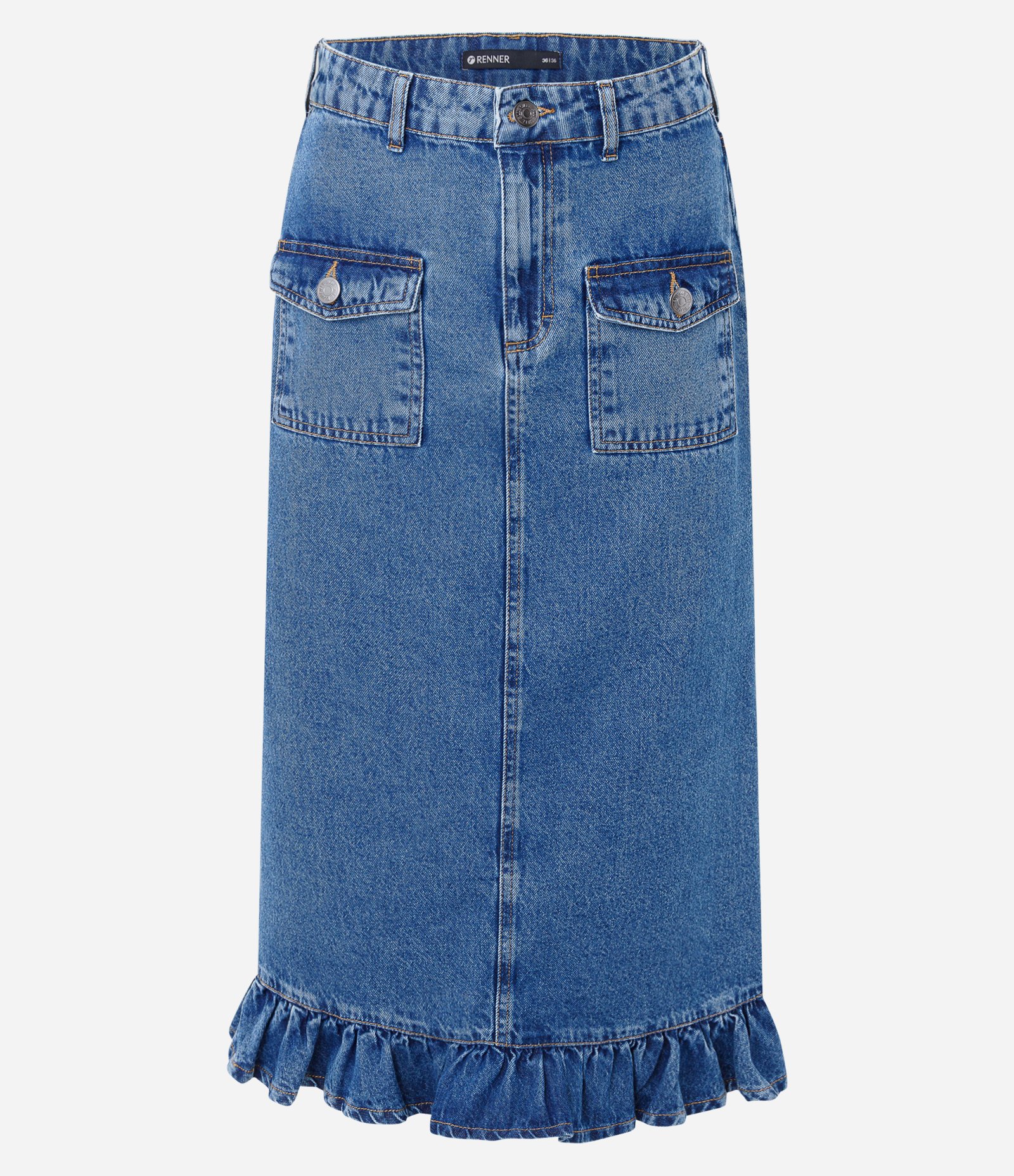 Saia Midi em Jeans com Babado na Barra Azul 1