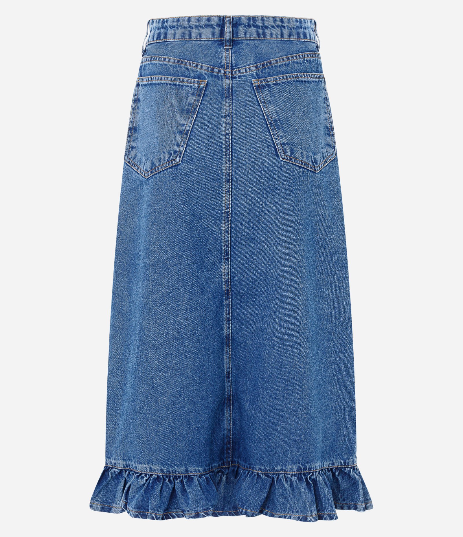 Saia Midi em Jeans com Babado na Barra Azul 2