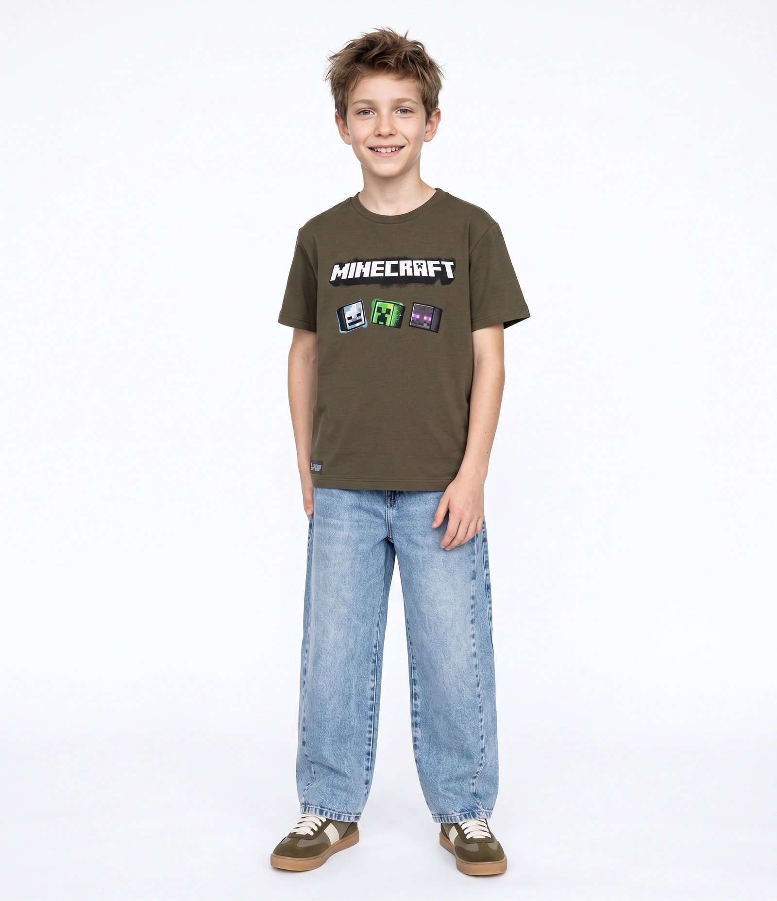 Camiseta Infantil Em Algodão Minecraft com Carimbos dos Personagens Tam 5 a 14 Anos Cinza 1