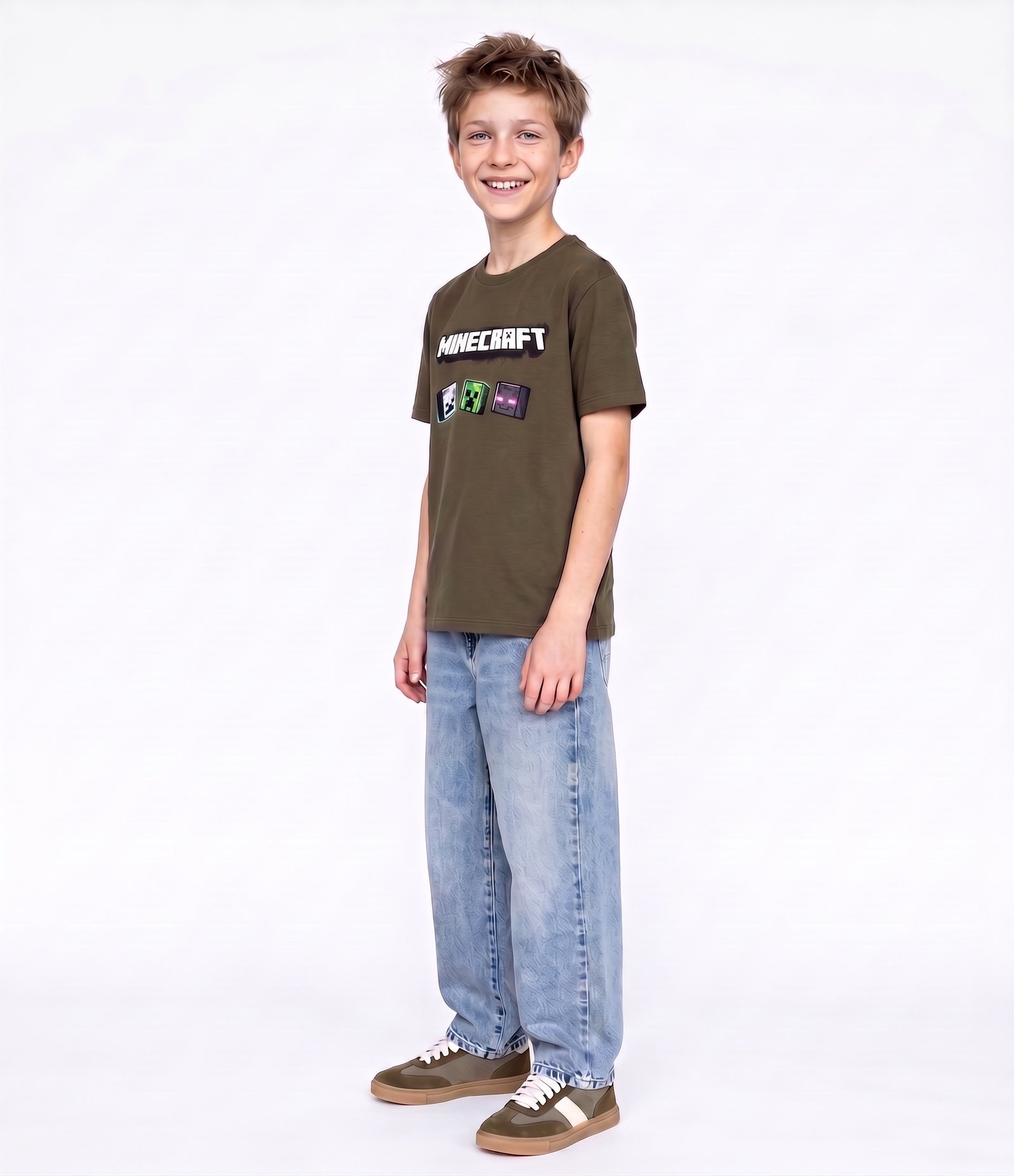 Camiseta Infantil Em Algodão Minecraft com Carimbos dos Personagens Tam 5 a 14 Anos Cinza 2
