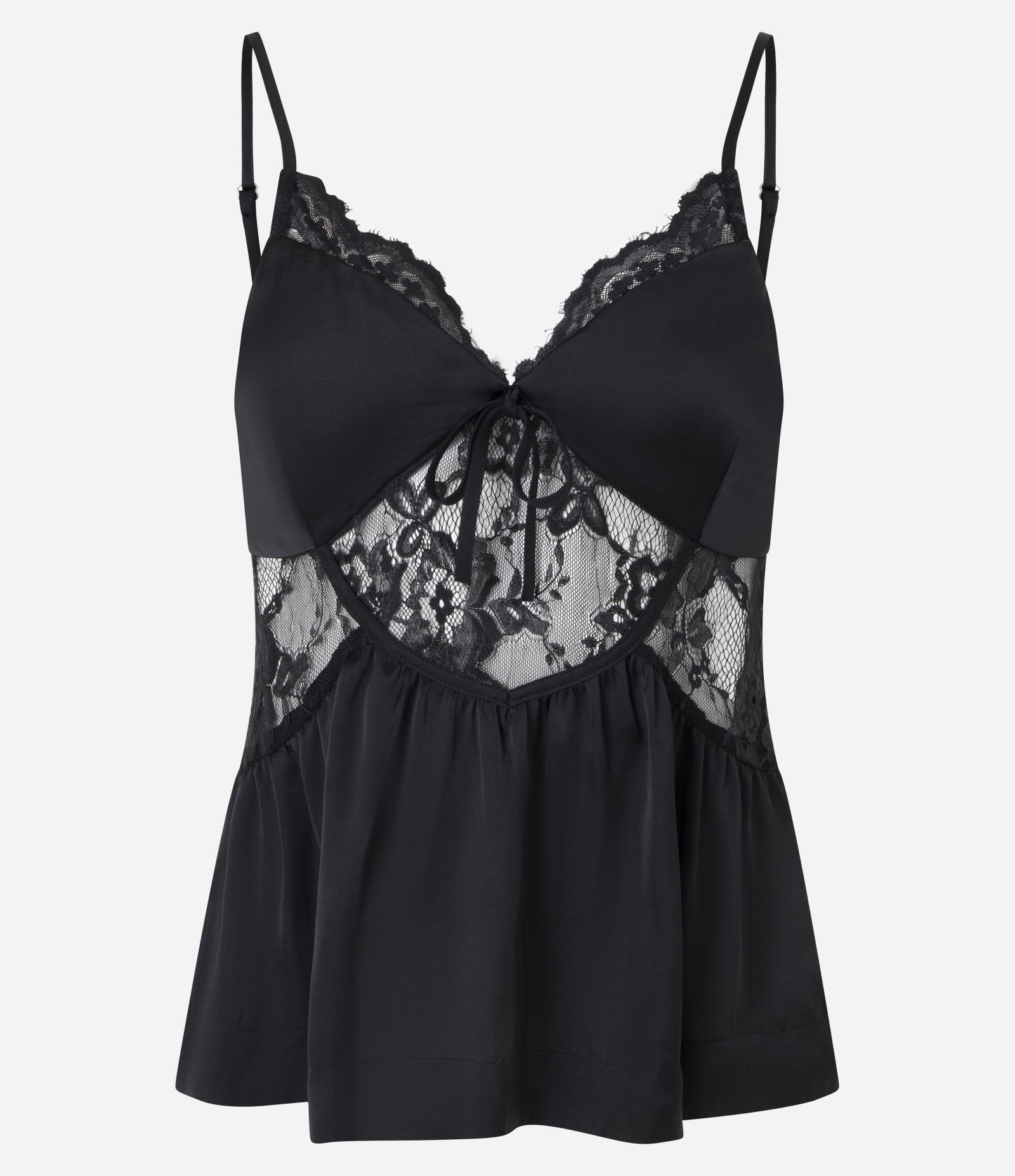 Blusa em Cetim com Renda Transparente e Laço Frontal Preto 6