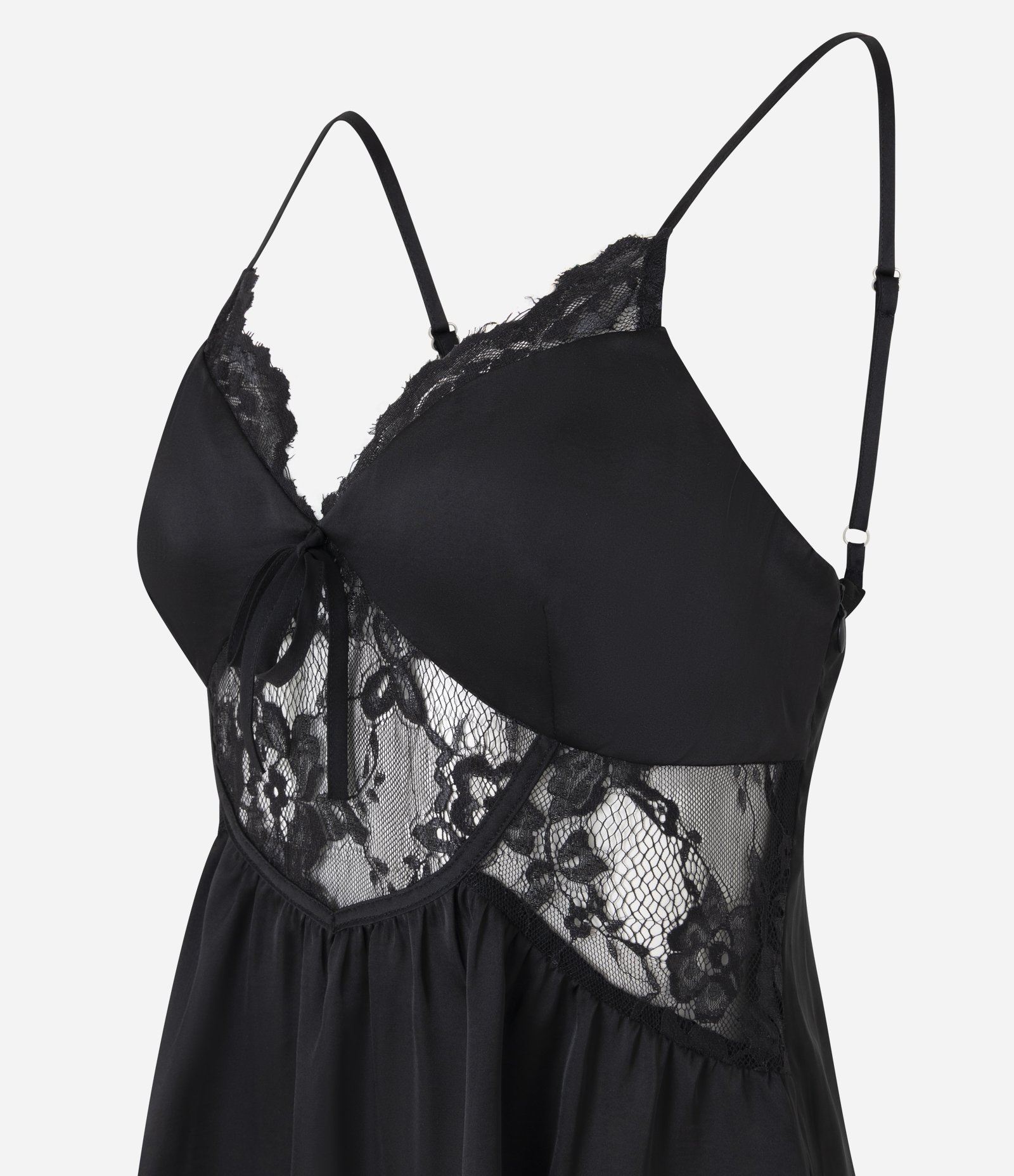 Blusa em Cetim com Renda Transparente e Laço Frontal Preto 7