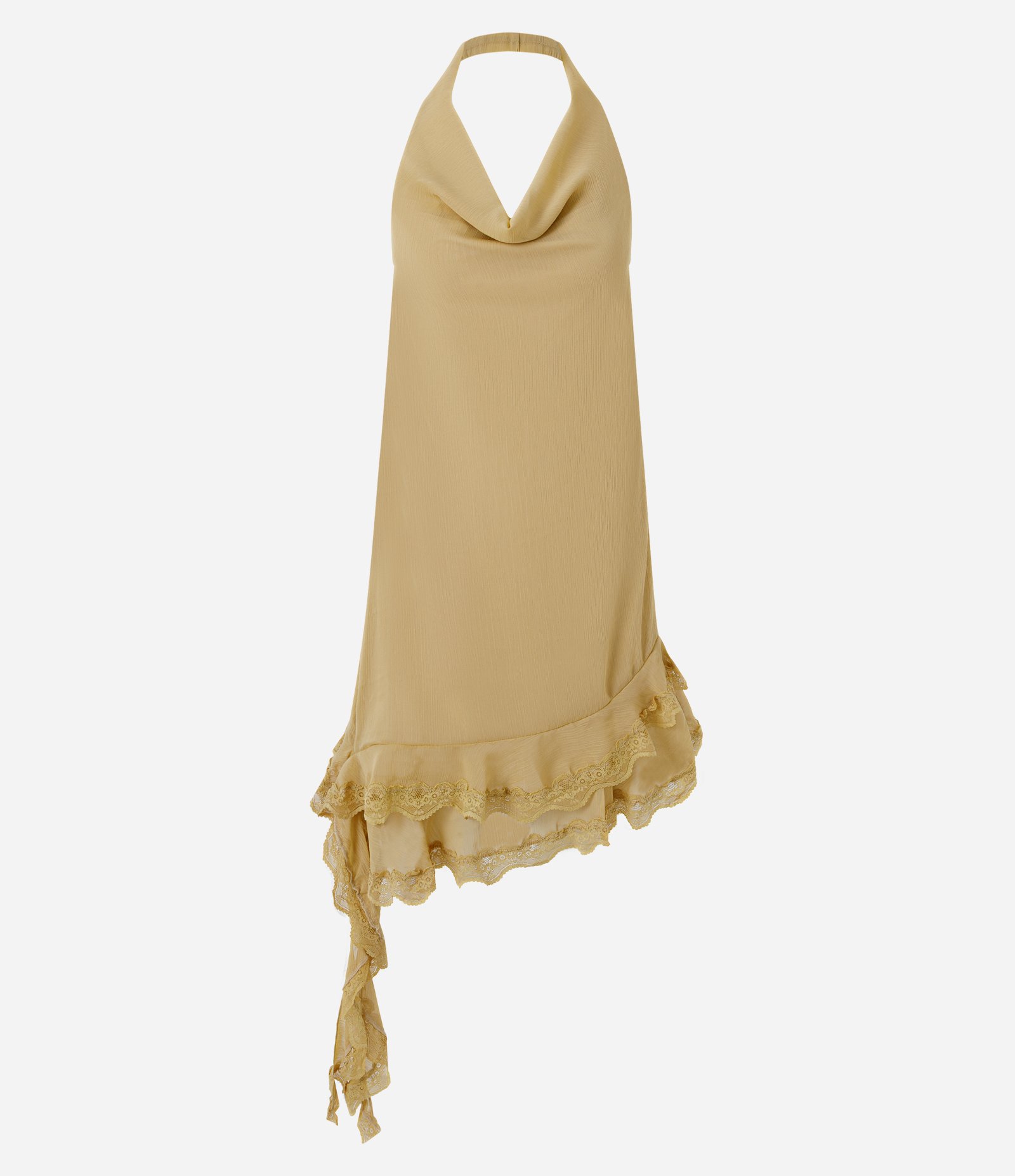 Vestido Curto com Decote Degagê e Barra Assimétrica com Renda Amarelo 5