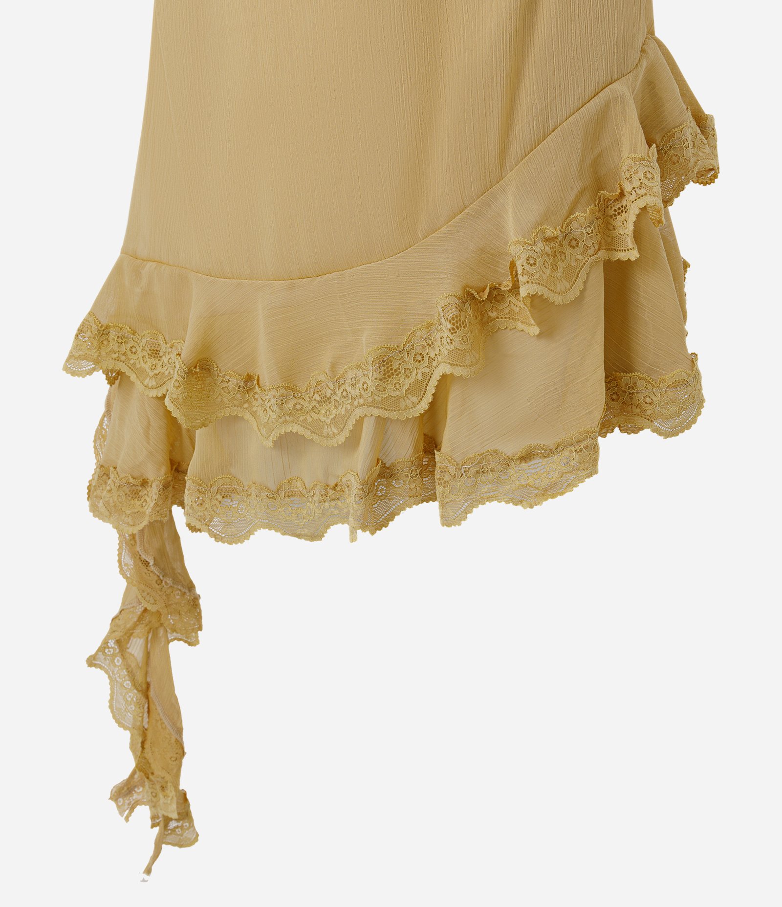 Vestido Curto com Decote Degagê e Barra Assimétrica com Renda Amarelo 6