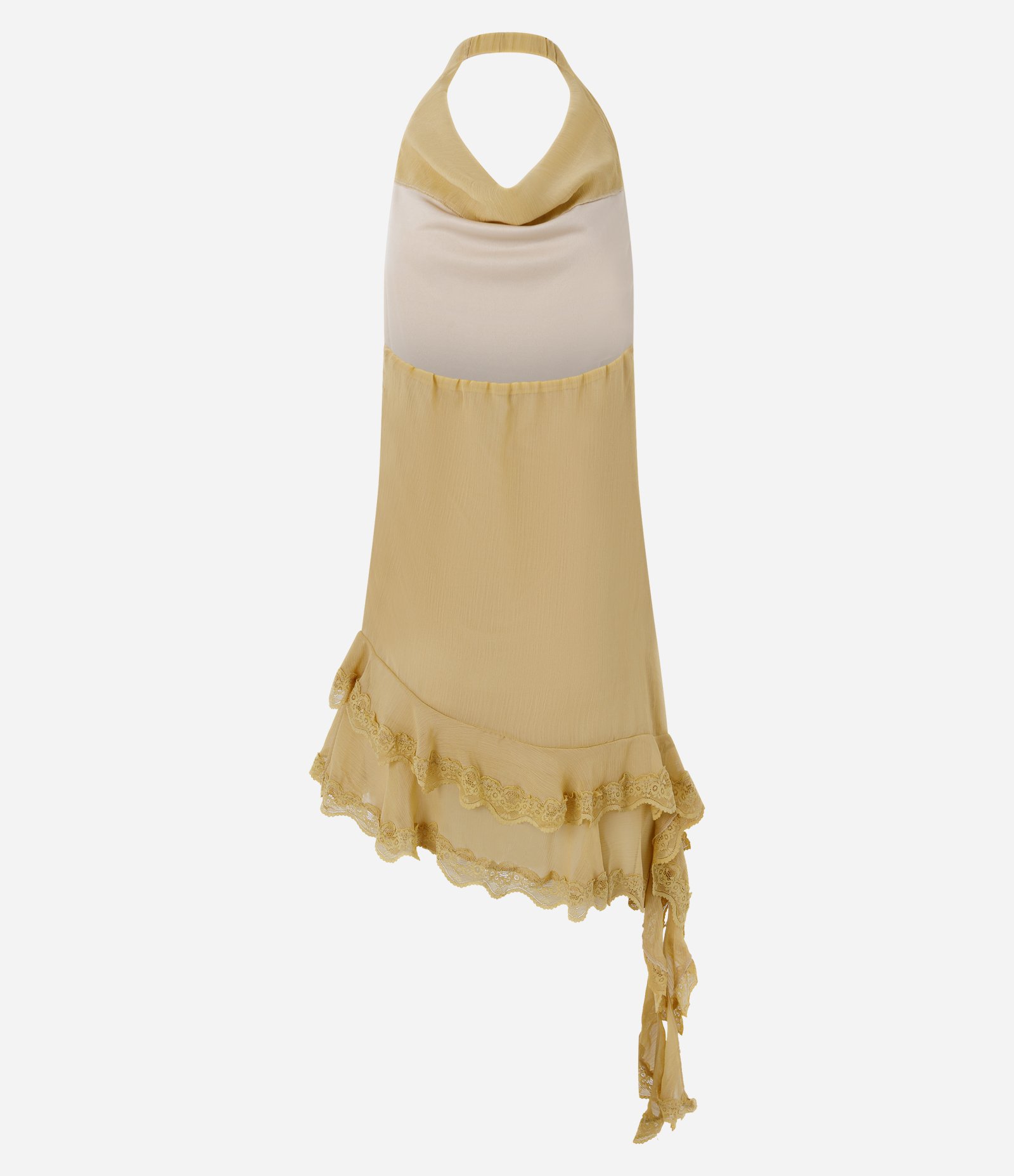 Vestido Curto com Decote Degagê e Barra Assimétrica com Renda Amarelo 7