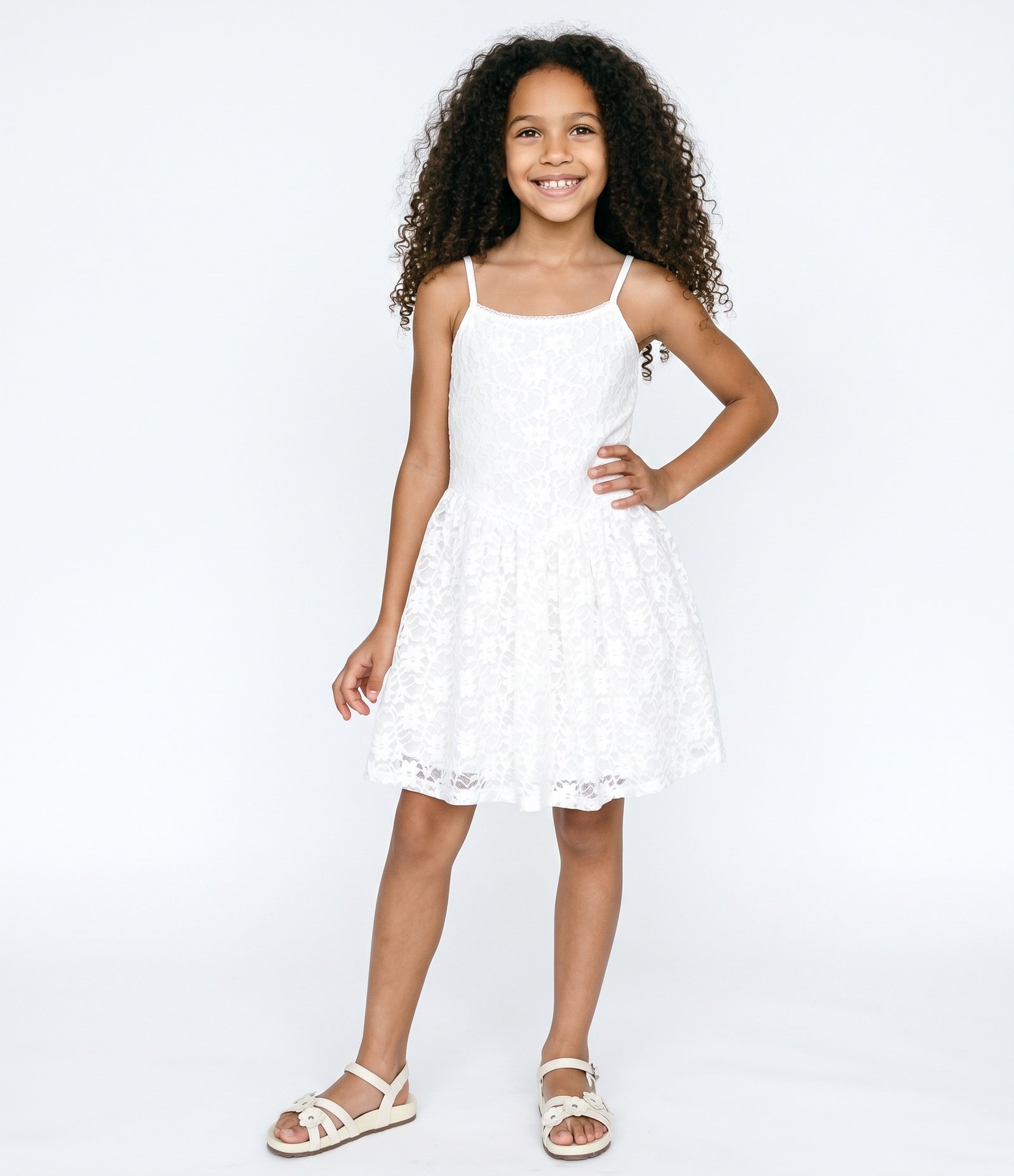 Vestido Infantil Sem Manga em Renda Texturizada com Recorte Princesa - Tam 3 a 16 Anos Branco 1