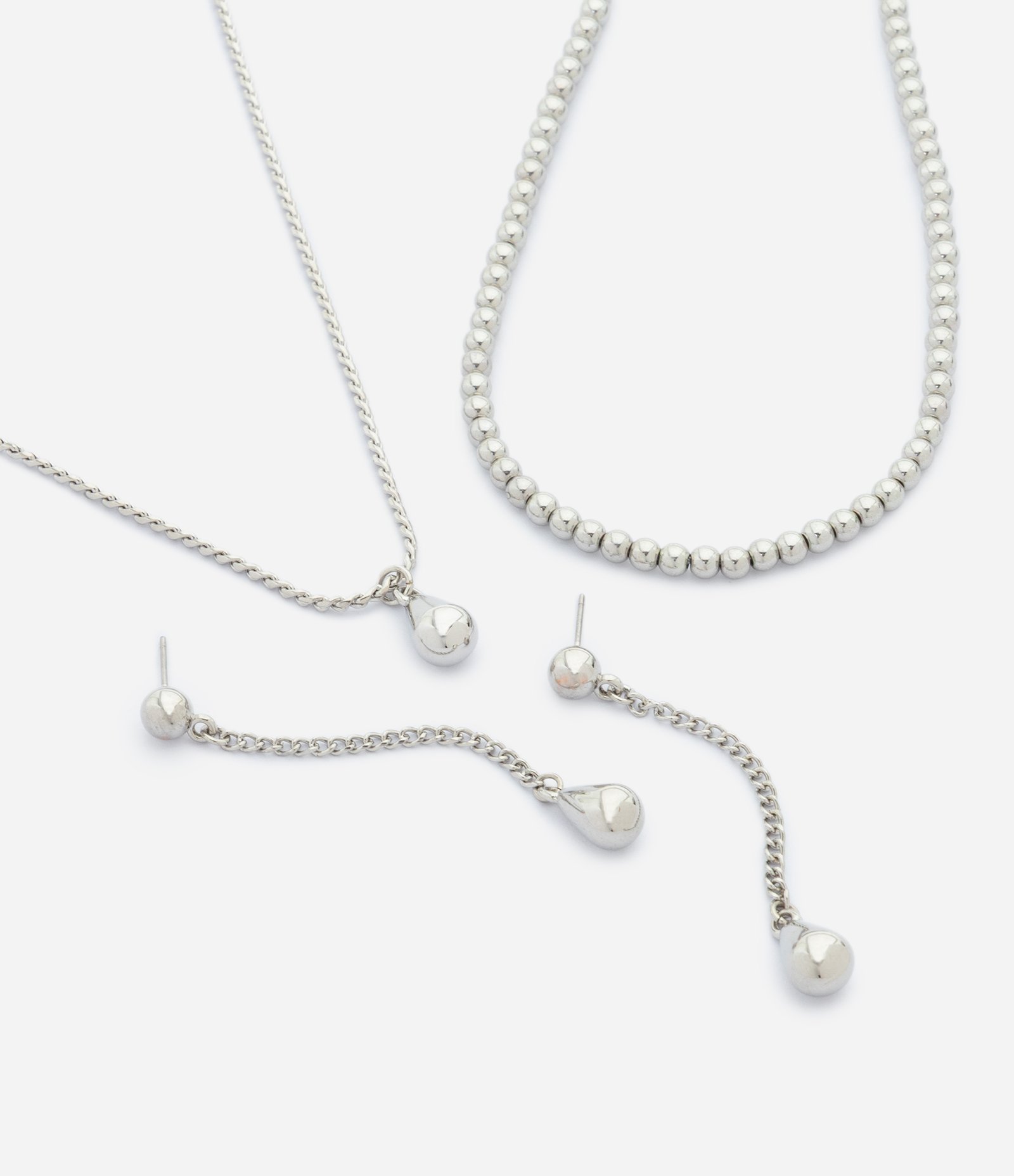 Conjunto com 02 Colares e Brincos Fio com Pingente de Gota Prata 1