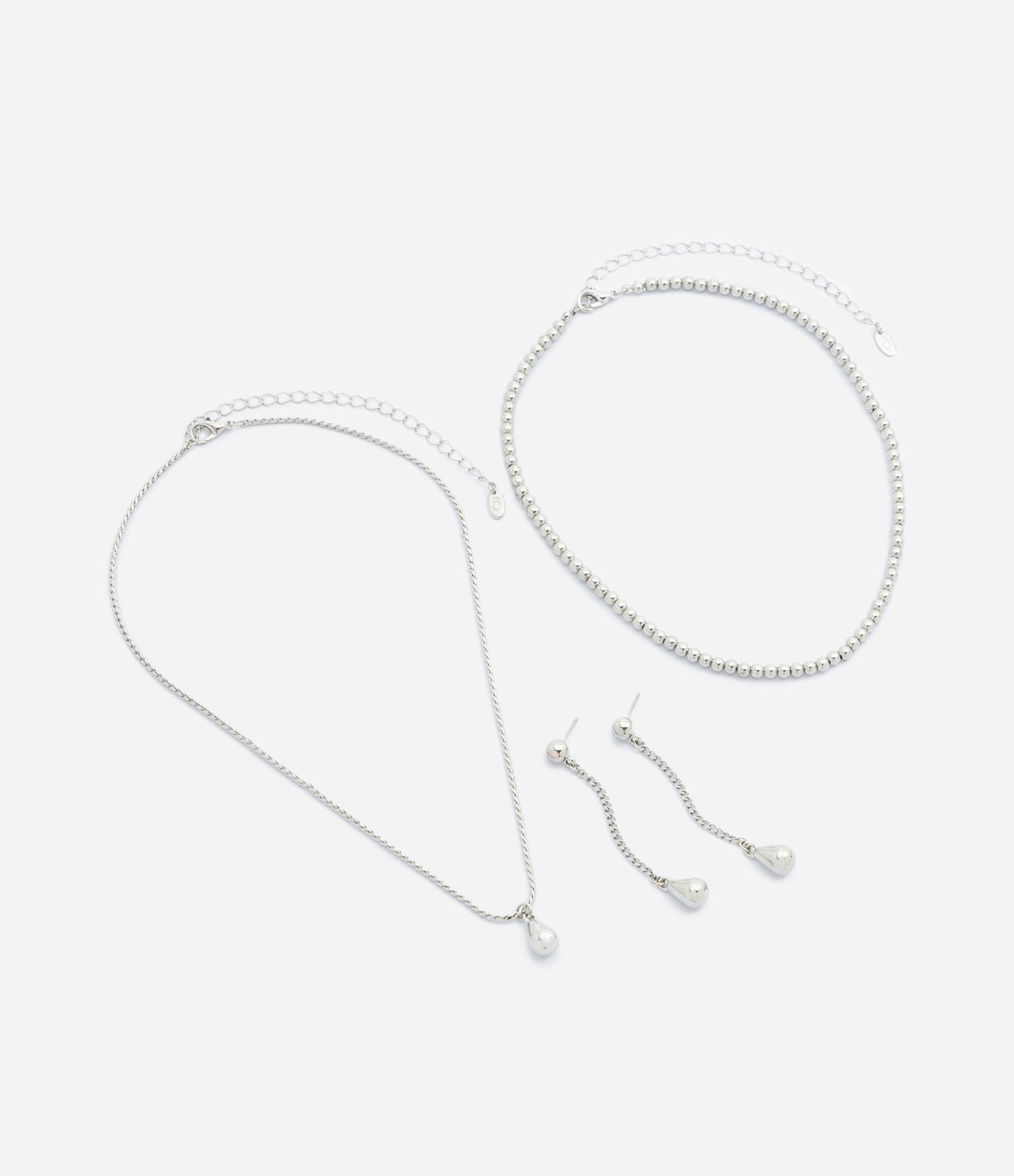 Conjunto com 02 Colares e Brincos Fio com Pingente de Gota Prata 2