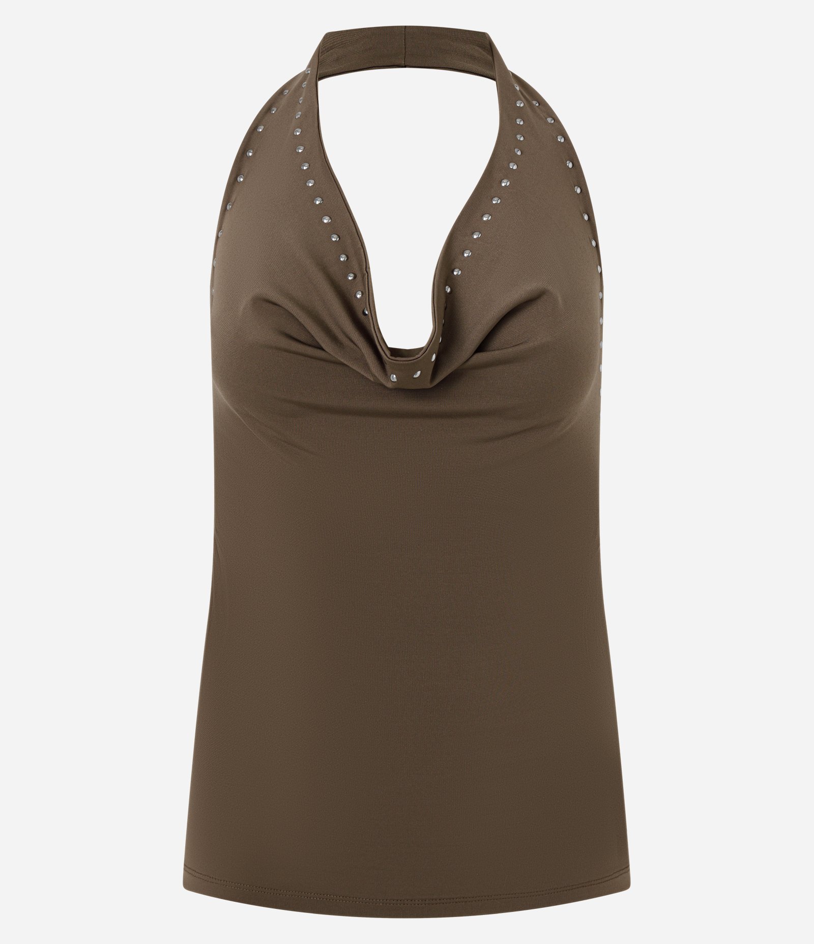 Blusa Frente Única com Decote Degagê e Aplicação de Tachas Marrom 1