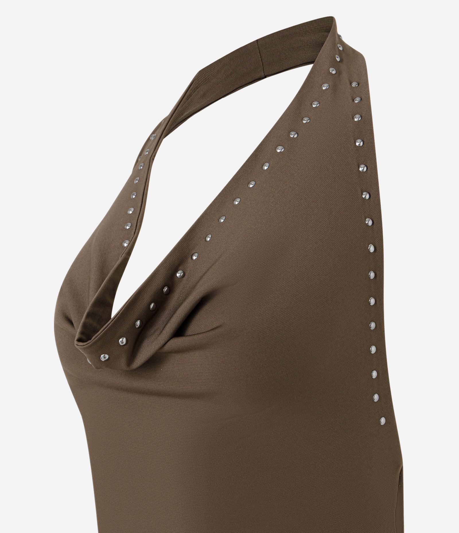 Blusa Frente Única com Decote Degagê e Aplicação de Tachas Marrom 2