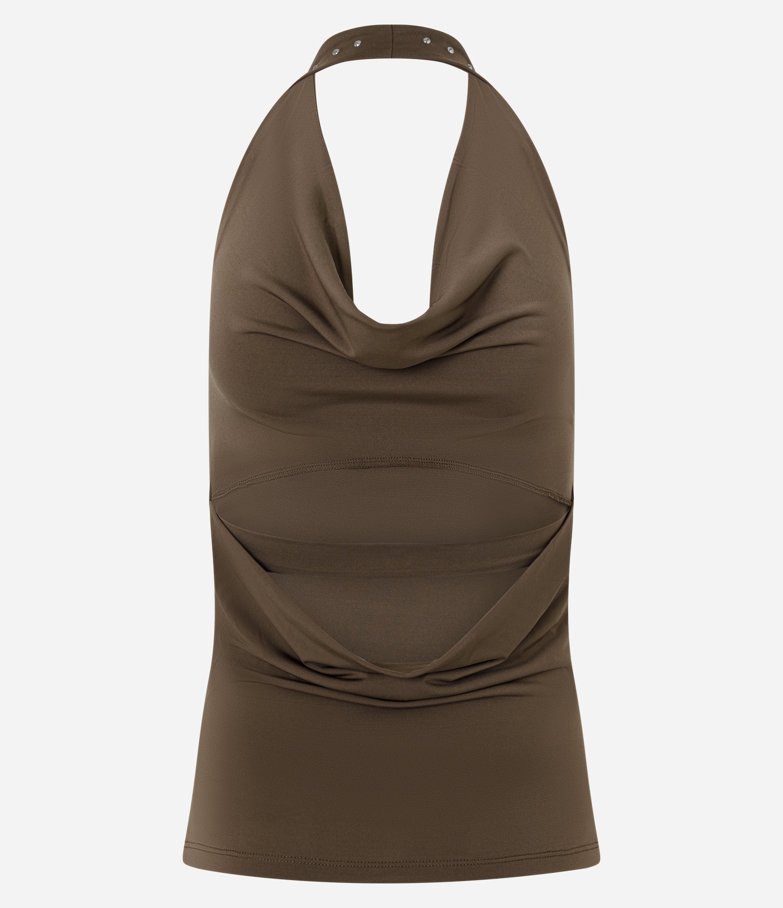 Blusa Frente Única com Decote Degagê e Aplicação de Tachas Marrom 3