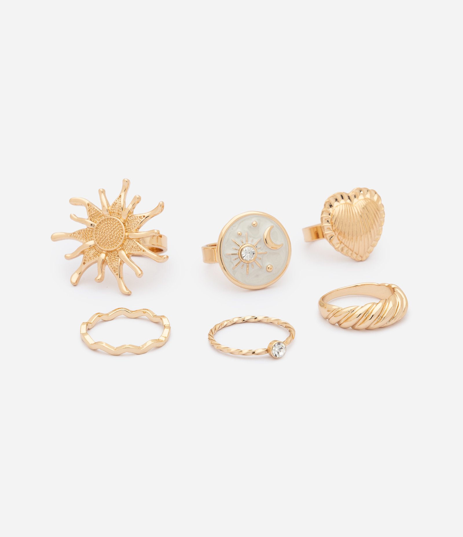 Kit de Anéis com Detalhes de Sol Lua Coração e Efeito Tramado Dourado 2