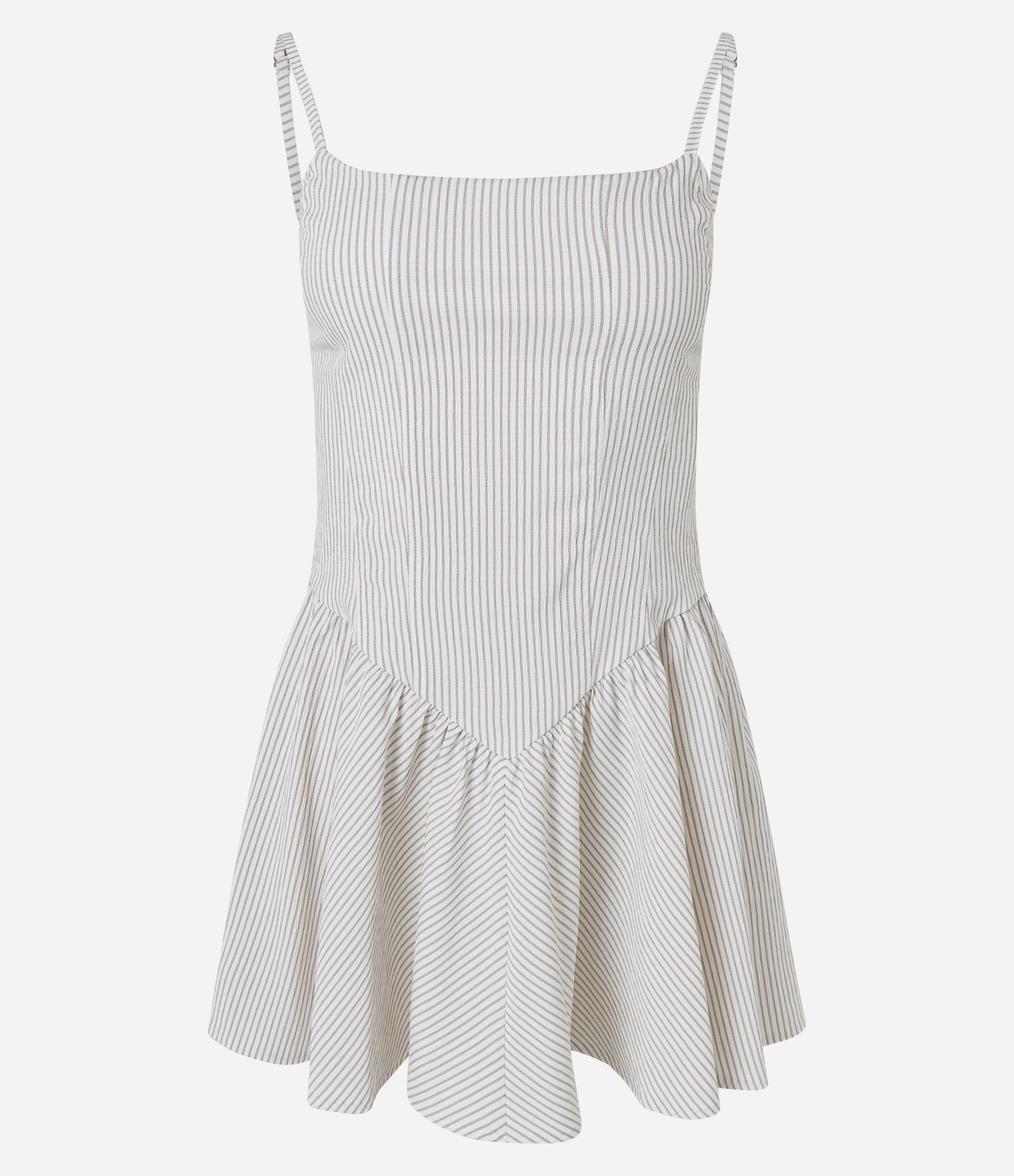 Vestido Godê Curto em Anarruga Listrada com Alças Finas Off White 1