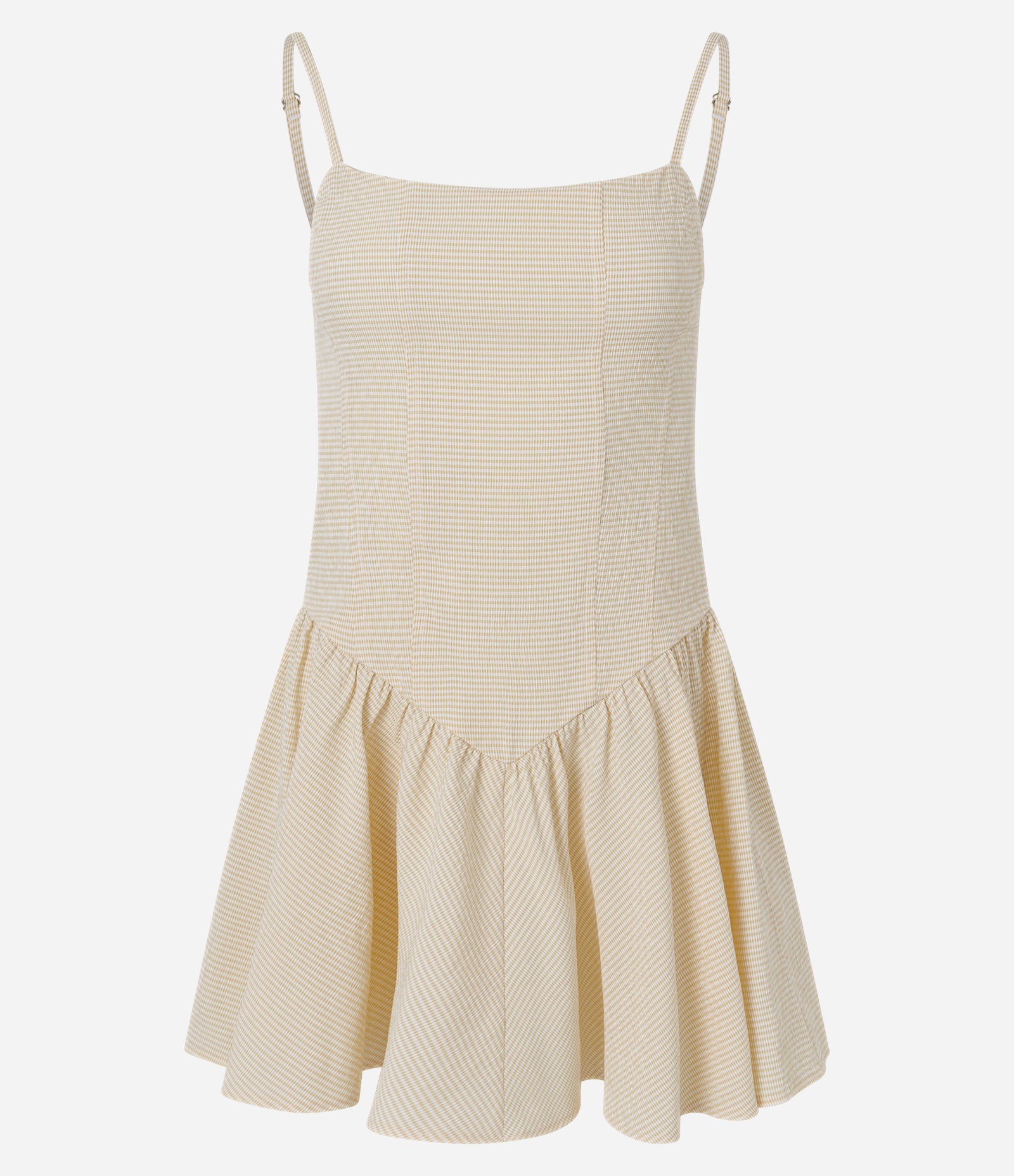 Vestido Evasê Curto em Anarruga Listrada com Alças Finas Amarelo Claro 1