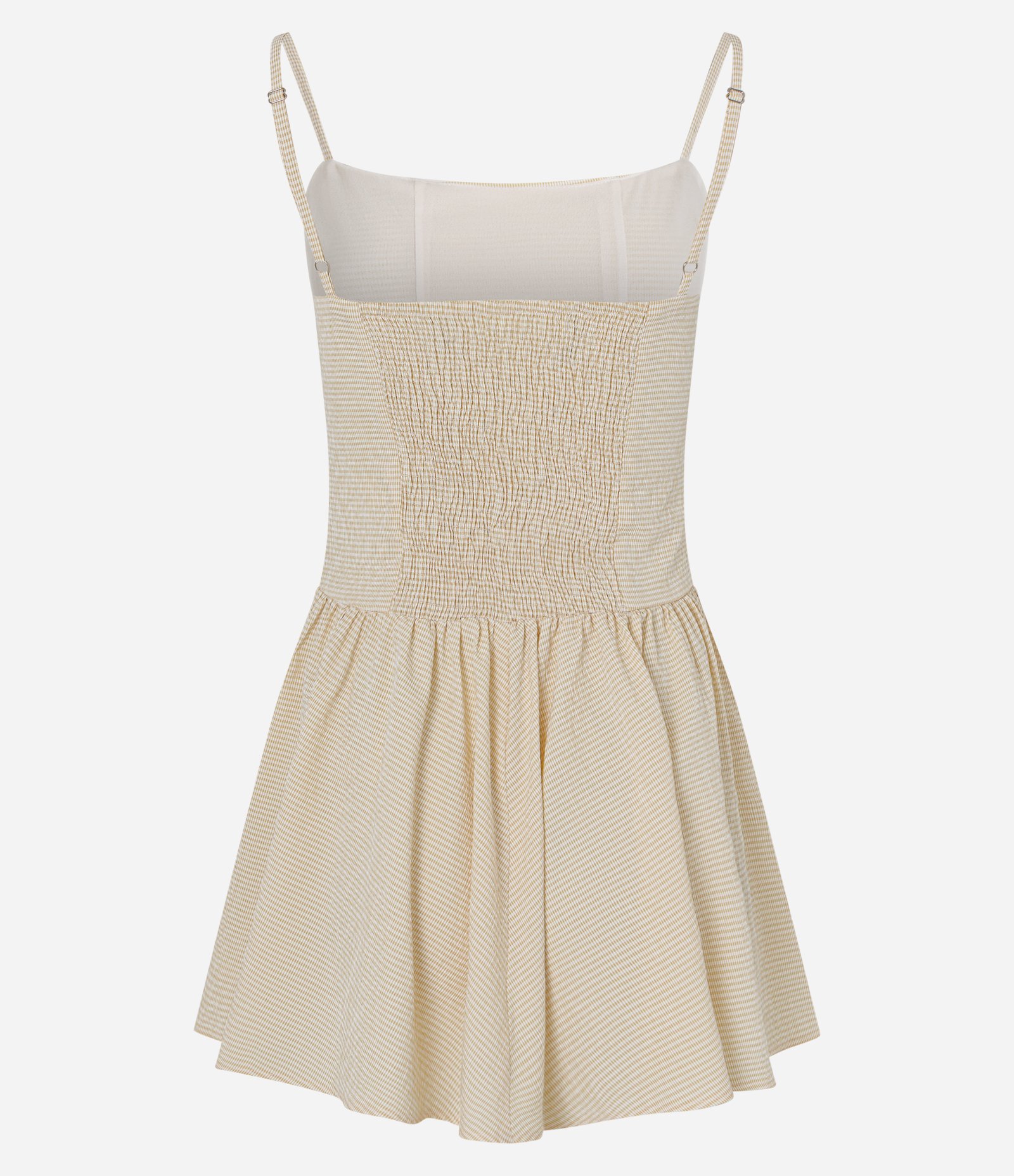 Vestido Evasê Curto em Anarruga Listrada com Alças Finas Amarelo Claro 2