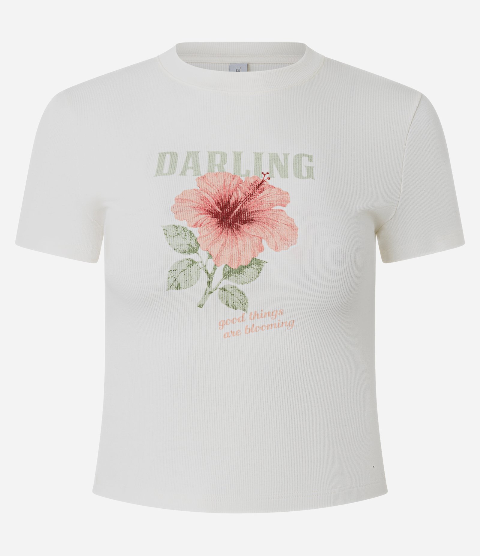 Blusa Baby Look em Ribana com Estampa Floral e Lettering Darling Branco 5