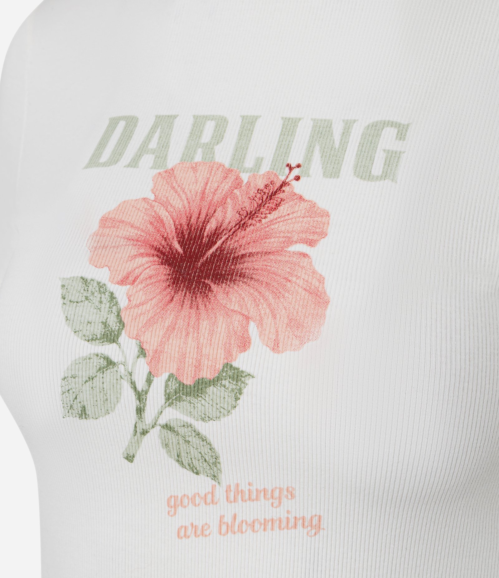 Blusa Baby Look em Ribana com Estampa Floral e Lettering Darling Branco 6