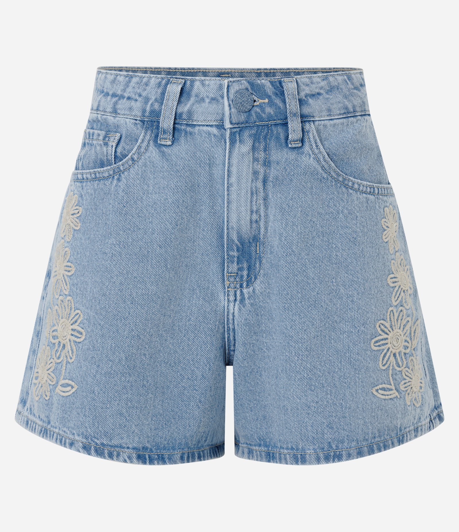 Short Evasê em Jeans com Bordado Floral Azul 6