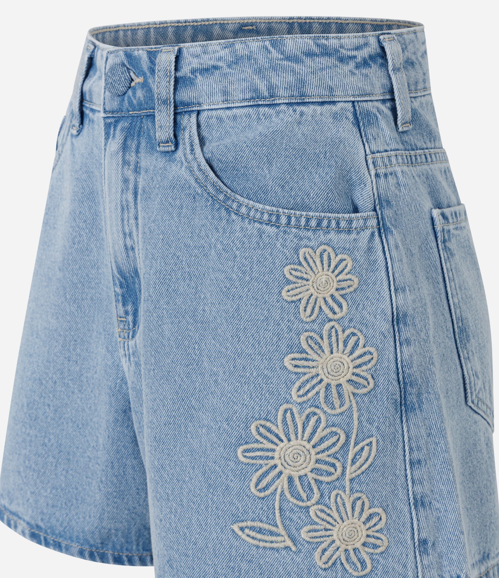 Short Evasê em Jeans com Bordado Floral Azul 7