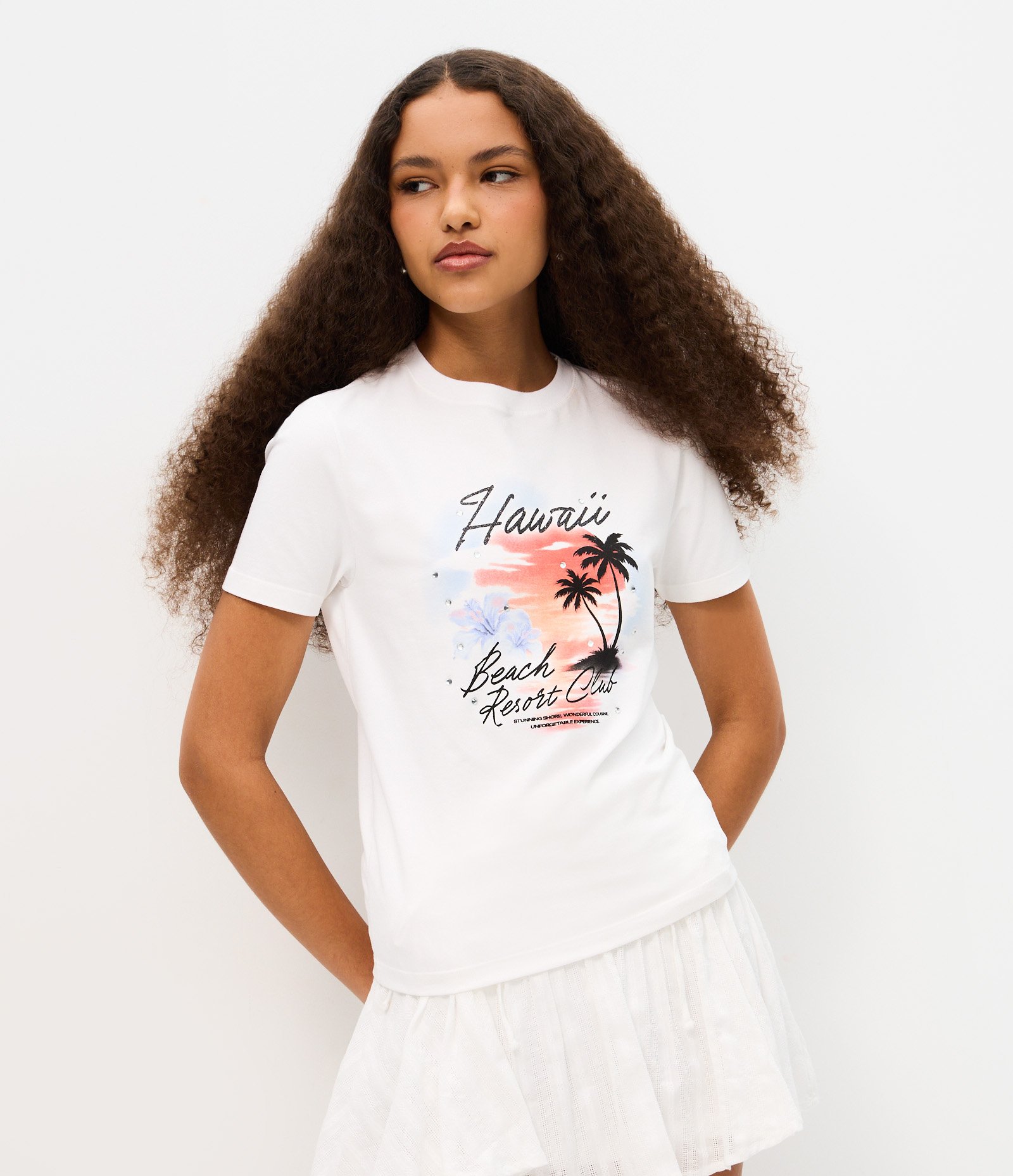 Camiseta em Algodão com Estampa Hawaii com Aplicação Branco 1