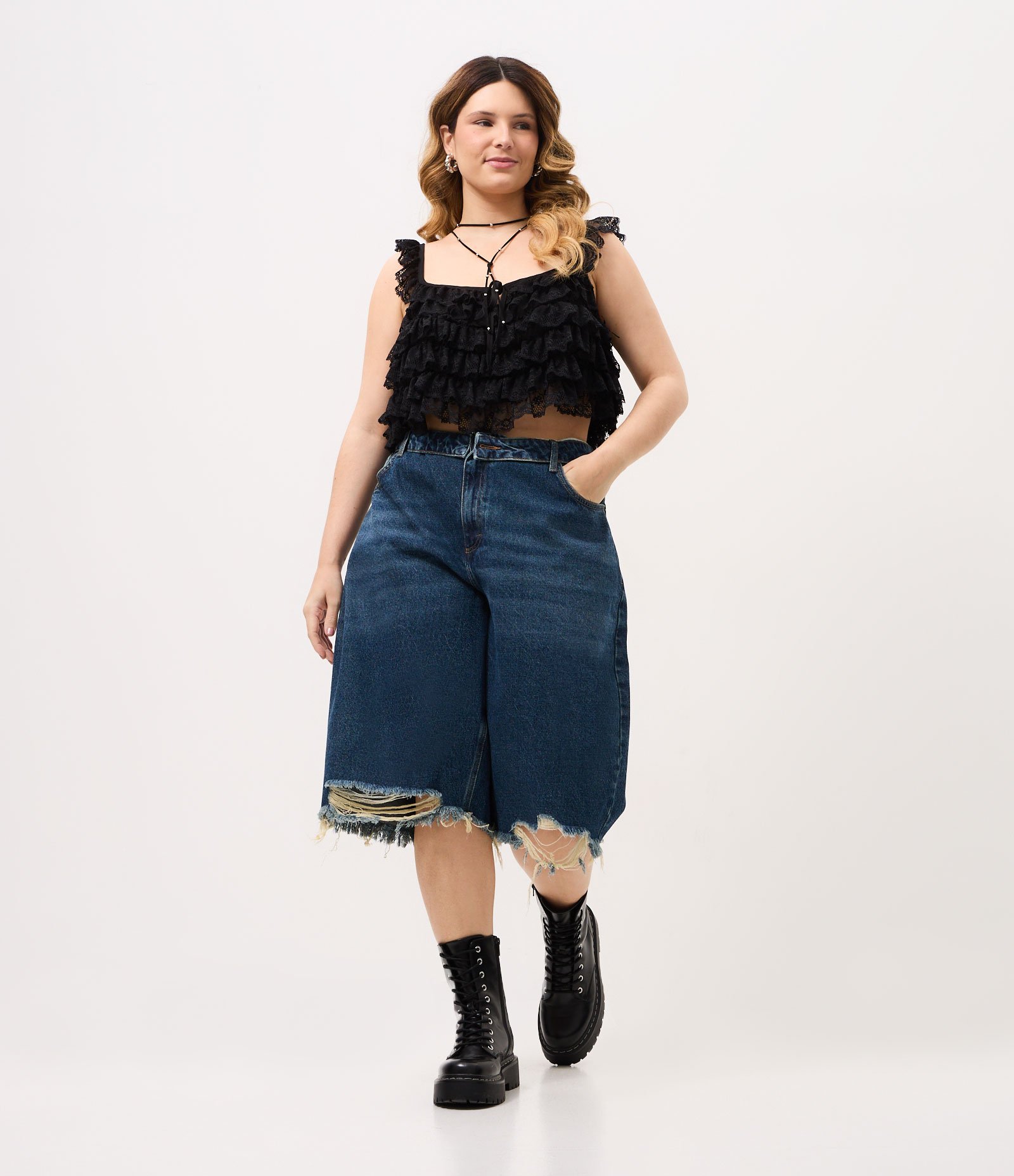 Bermuda Jorts Jeans com Cós Virado Curve & Plus Size Azul 1