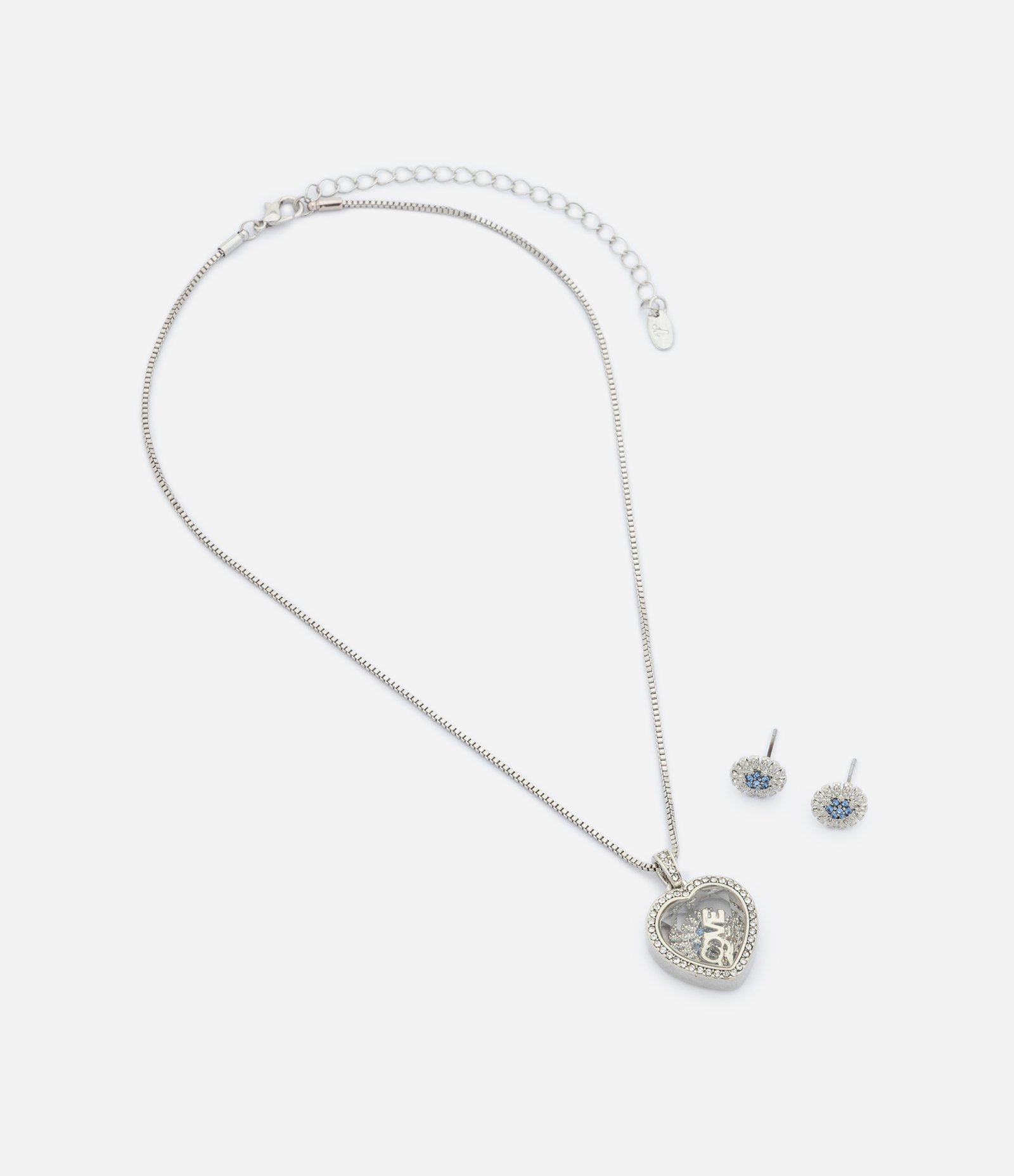 Conjunto com Colar de Coração e Brincos com Pedra Aplicada Prata 2