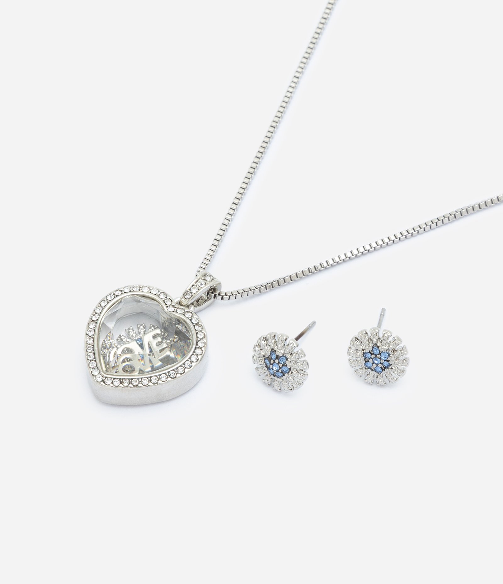 Conjunto com Colar de Coração e Brincos com Pedra Aplicada Prata 3