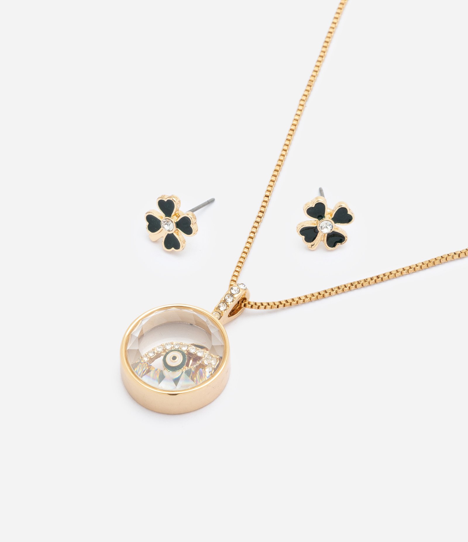 Conjunto com Colar Temático e Brincos em Formato de Trevo Dourado 3