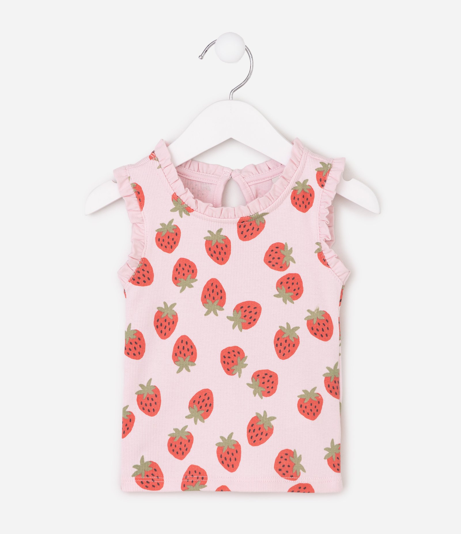 Blusa Regata Infantil Em Ribana Estampa Morango Tam 1 a 6 Anos Rosa 2