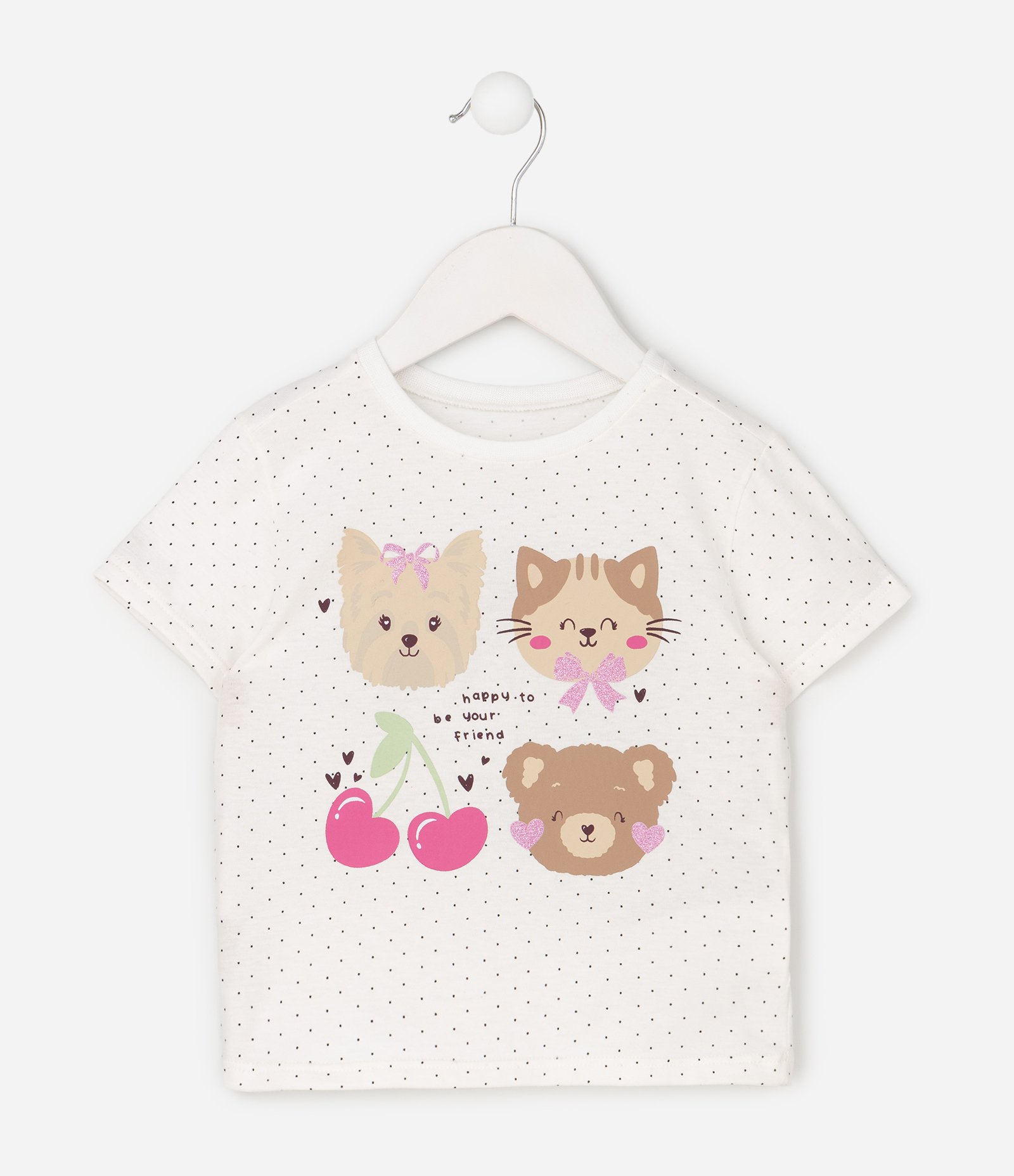 Camiseta Infantil em Cotton com Estampa Poá e Personagens com Glitter - Tam 1 a 6 Anos Branco 1