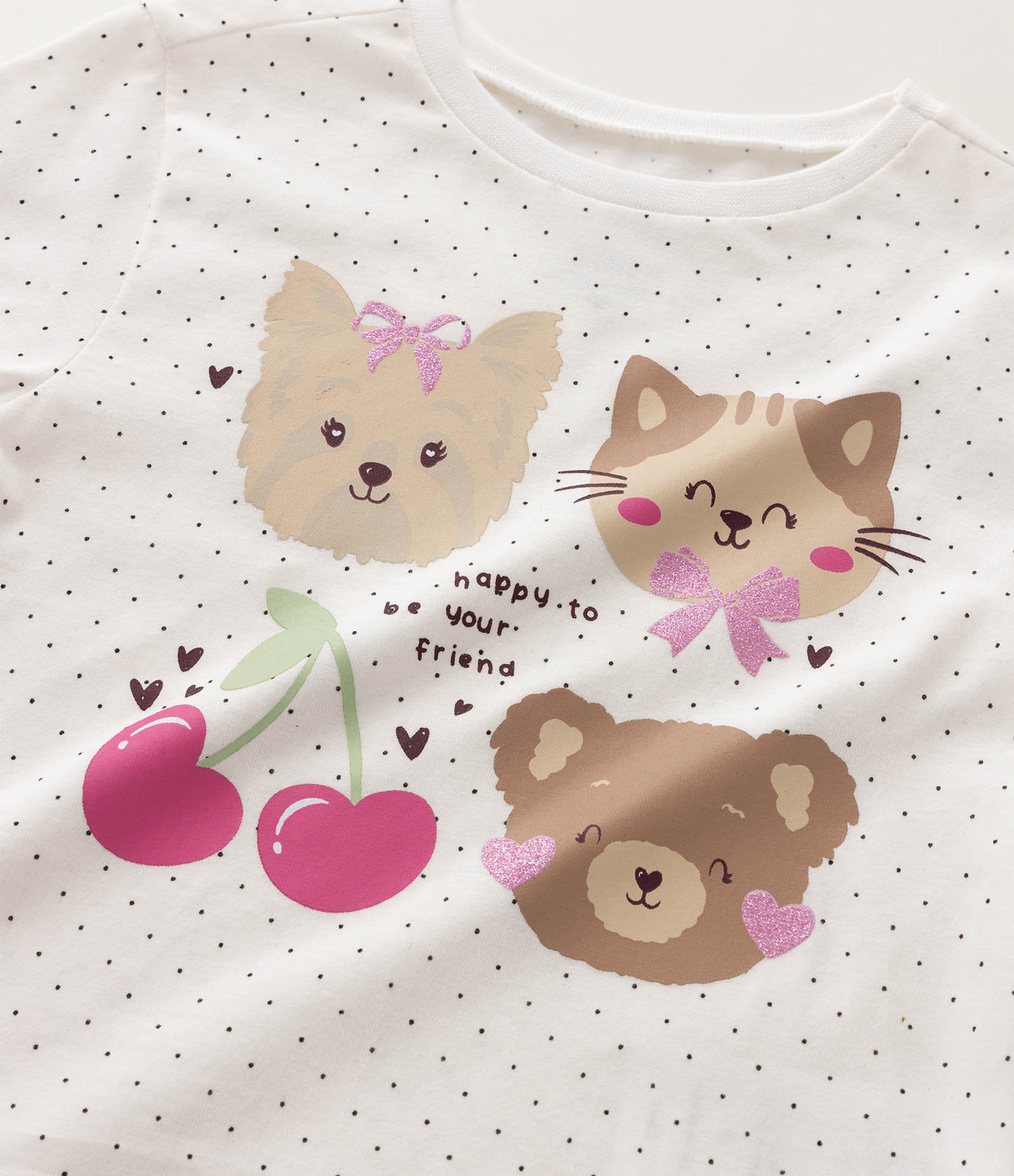 Camiseta Infantil em Cotton com Estampa Poá e Personagens com Glitter - Tam 1 a 6 Anos Branco 4