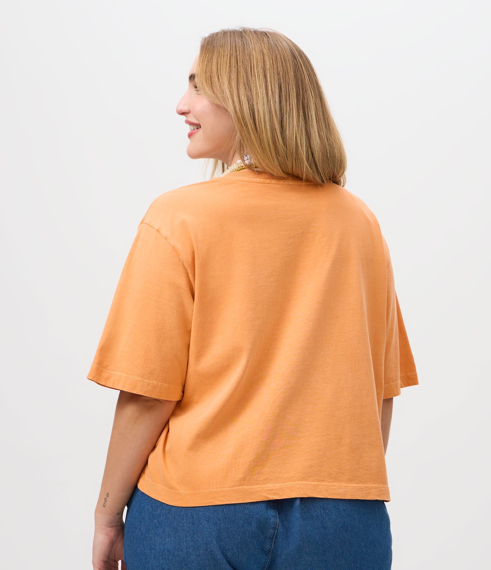 Blusa Boxy em Algodão com Lettering Curve & Plus Size Laranja 4