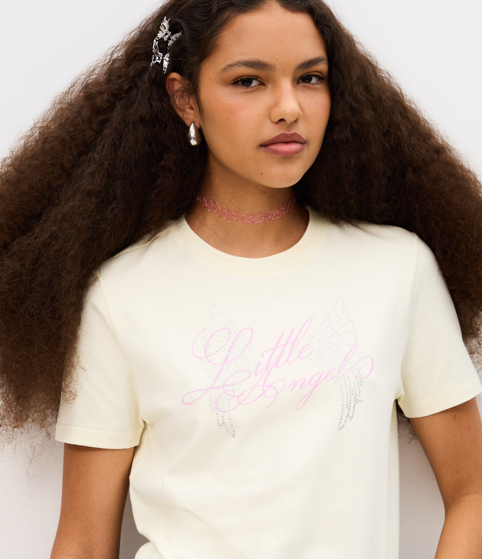 Camiseta New T-shirt em Suedine com Brilhos e Lettering Little Angel Off White 3
