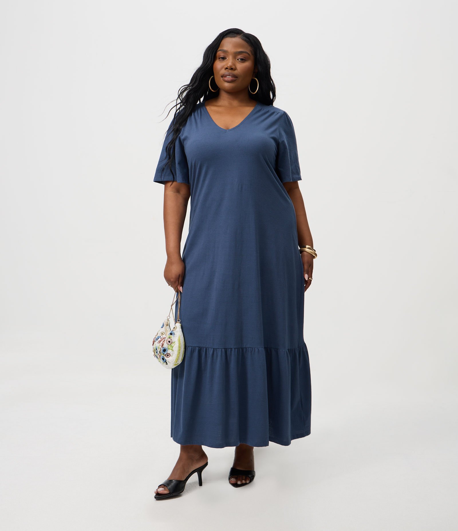 Vestido Midi Algodão com Recorte Franzido Curve & Plus Size Azul Marinho 1
