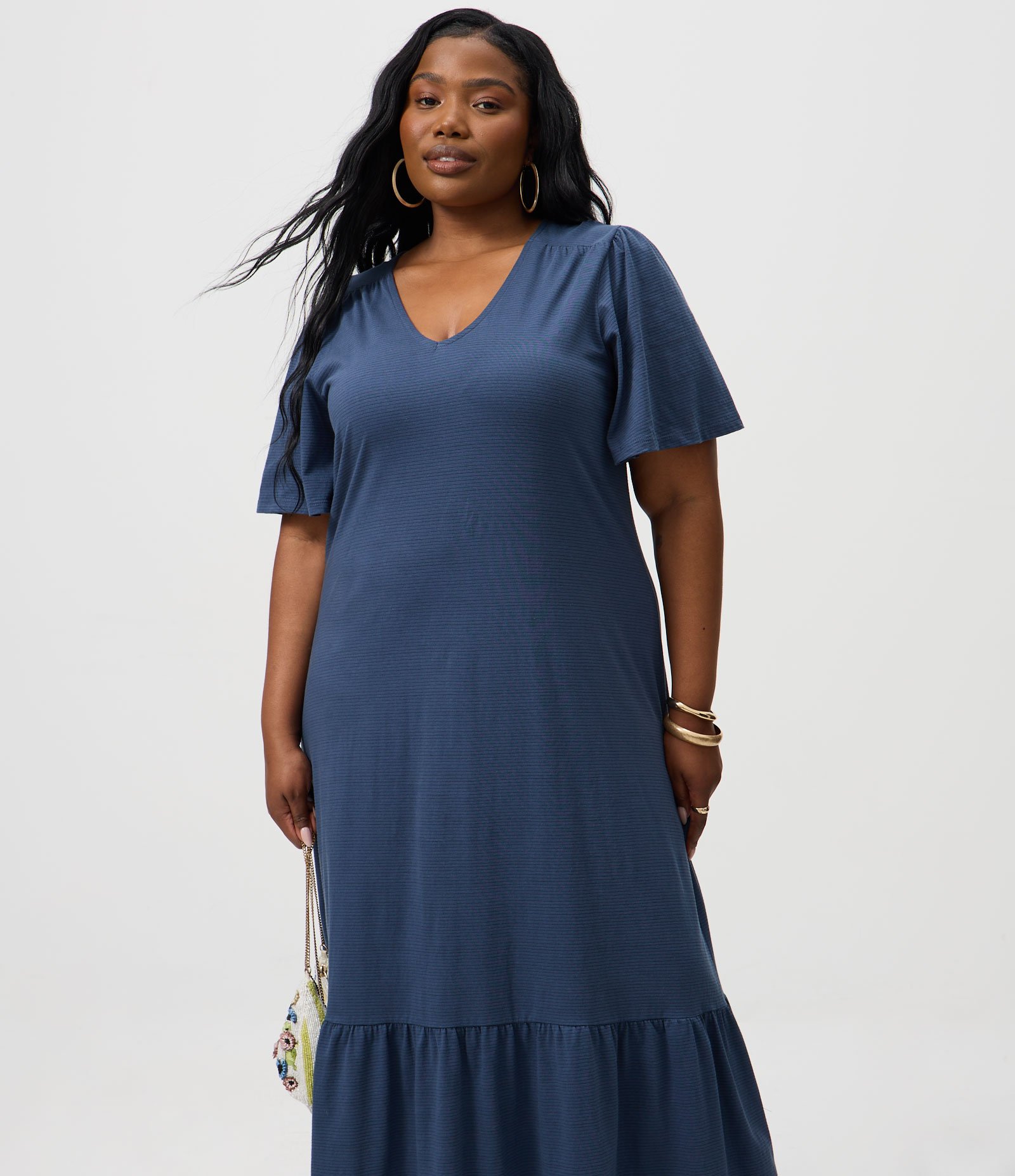Vestido Midi Algodão com Recorte Franzido Curve & Plus Size Azul Marinho 2