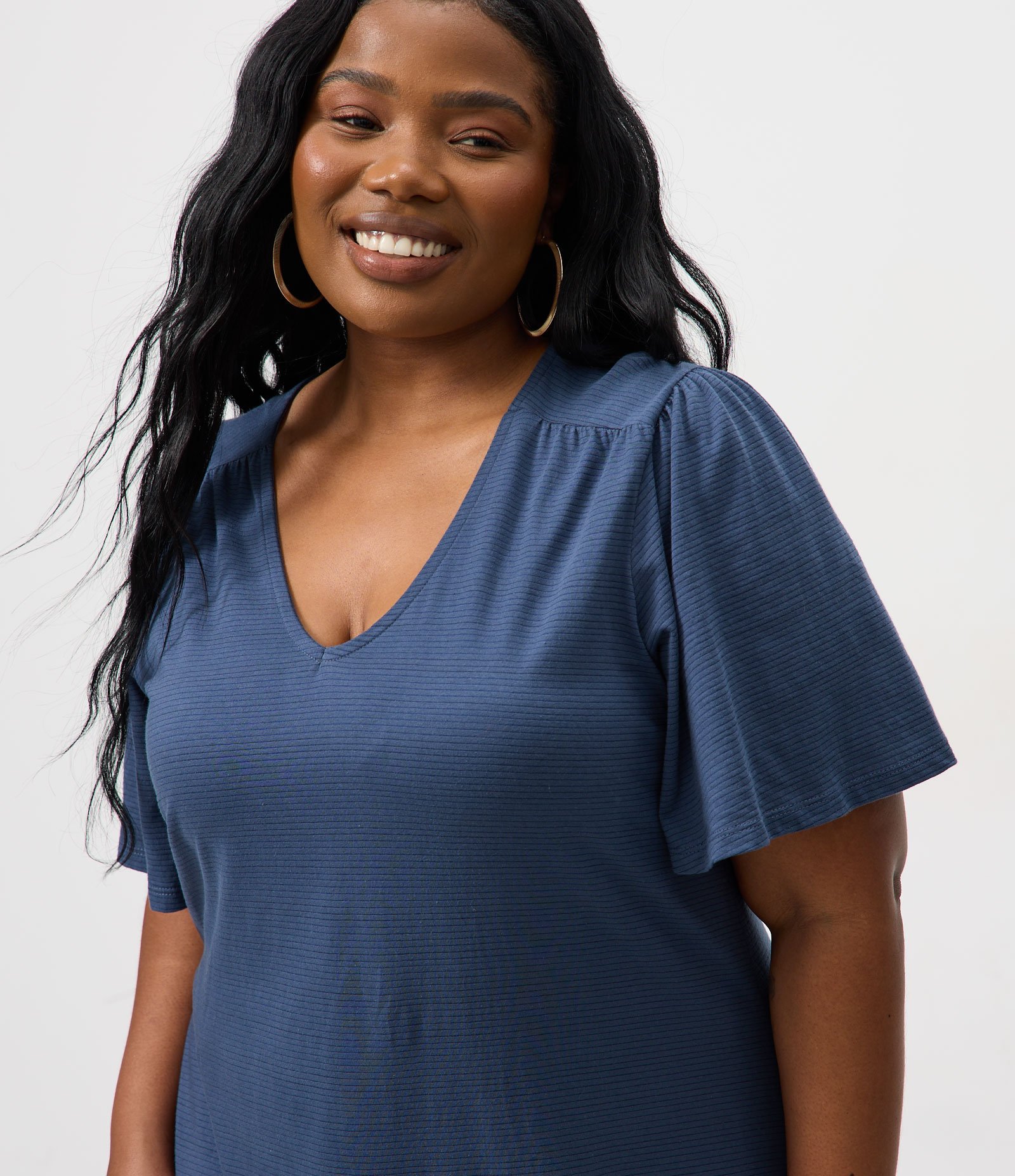 Vestido Midi Algodão com Recorte Franzido Curve & Plus Size Azul Marinho 3