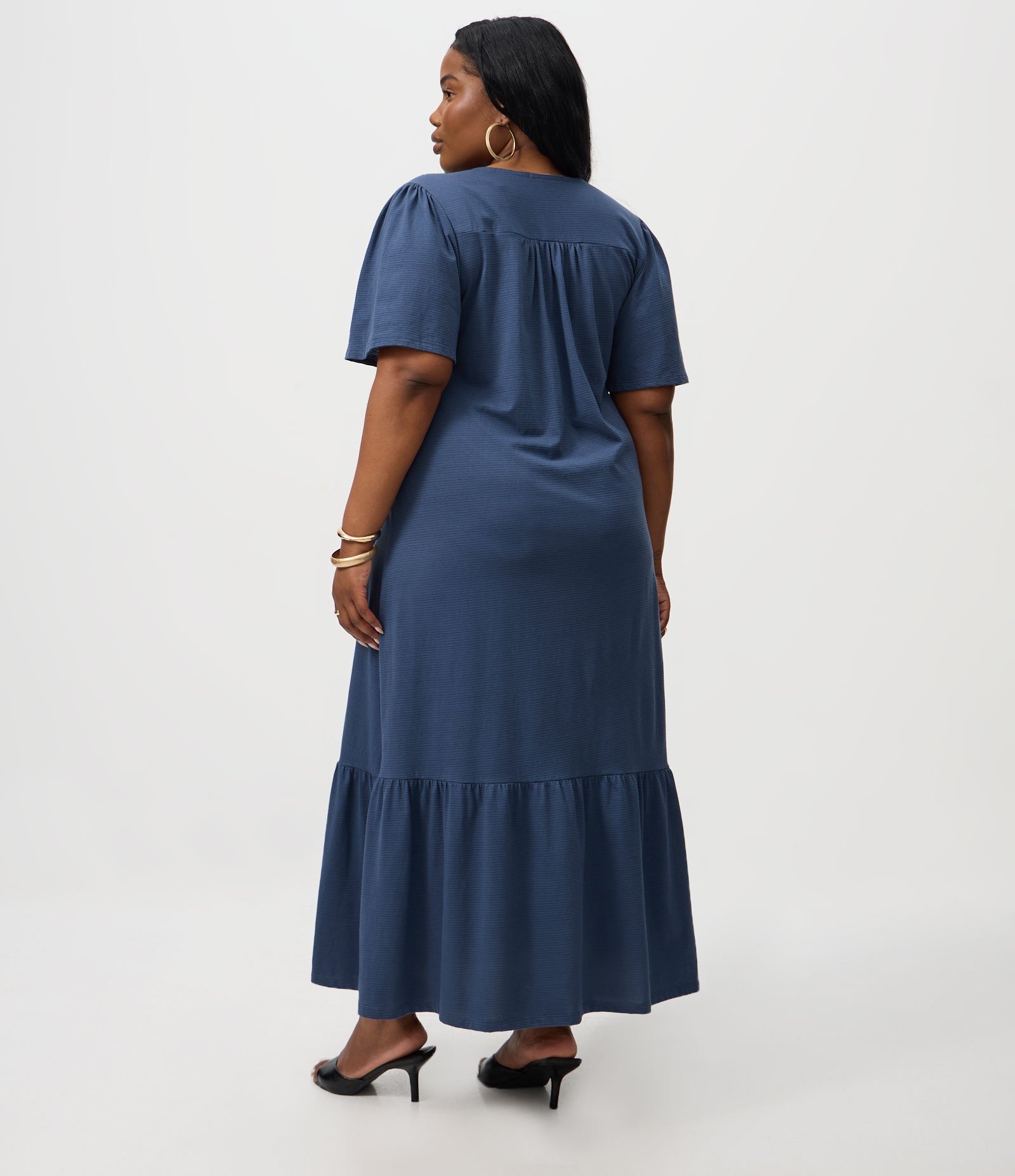 Vestido Midi Algodão com Recorte Franzido Curve & Plus Size Azul Marinho 4