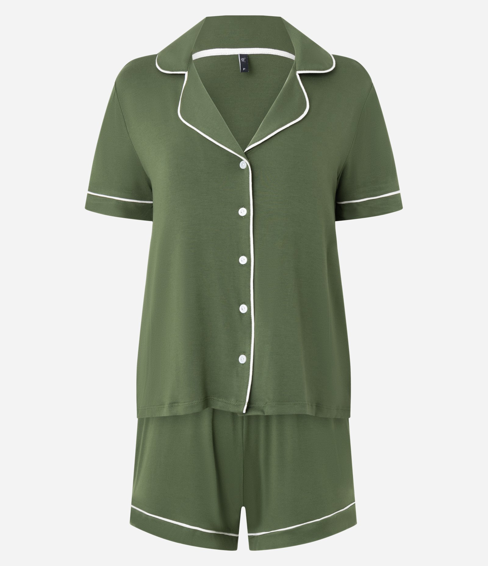 Pijama Americano Curto em Viscolycra com Viés Contrastante Verde Escuro 1