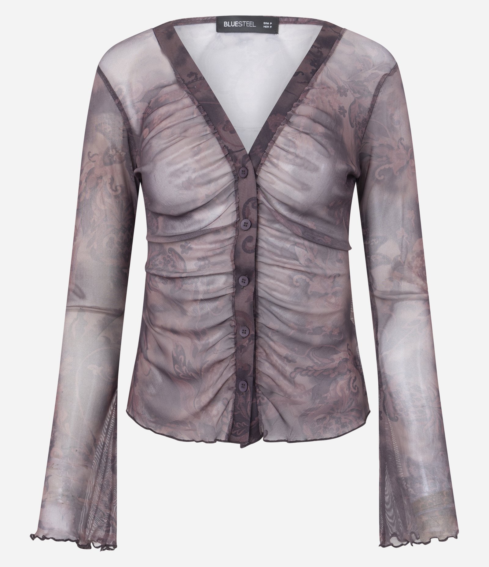 Blusa em Tule com Estampa Paisley e Franzidos Frontais Marrom 5